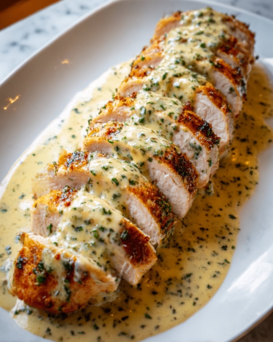The image shows a sliced grilled chicken breast placed in the center of a white plate. The chicken has a golden-brown crust with visible grill marks and a juicy, white interior. A creamy yellow sauce with small green herbs is generously poured over the top of the chicken, spreading slightly onto the plate around it. The background and surface are white with a marbled texture, adding a clean and bright feel to the image. Photo taken with an iphone --ar 4:5 --v 7