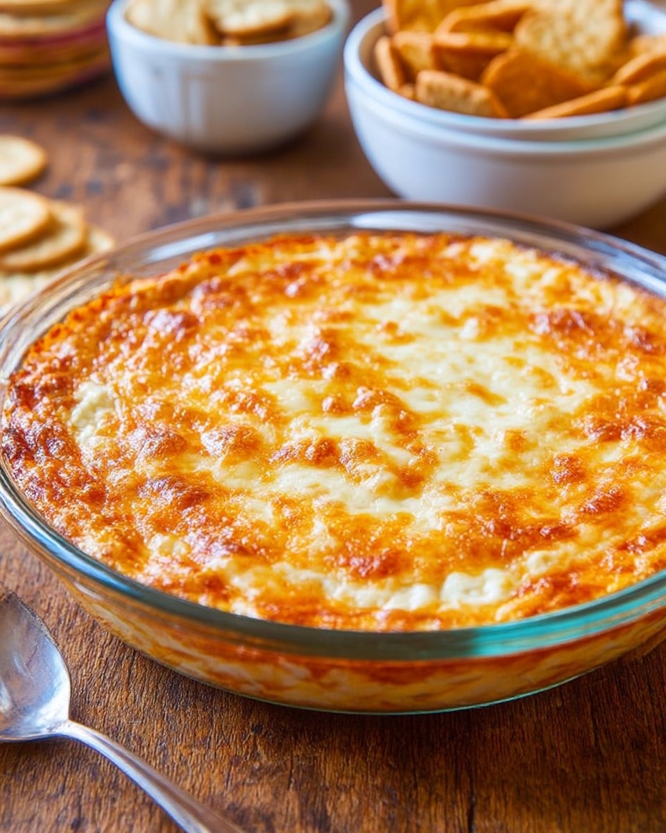 The image shows a round, clear glass dish filled with a baked cheesy dip that has a golden-brown melted cheese layer on top. The cheese layer has some light and darker orange spots where it is more browned, creating a textured surface. The dish is placed on a wooden surface with two white bowls filled with snacks in the background, slightly blurred. A silver spoon lies to the left side of the dish, and some crackers are nearby. photo taken with an iphone --ar 4:5 --v 7