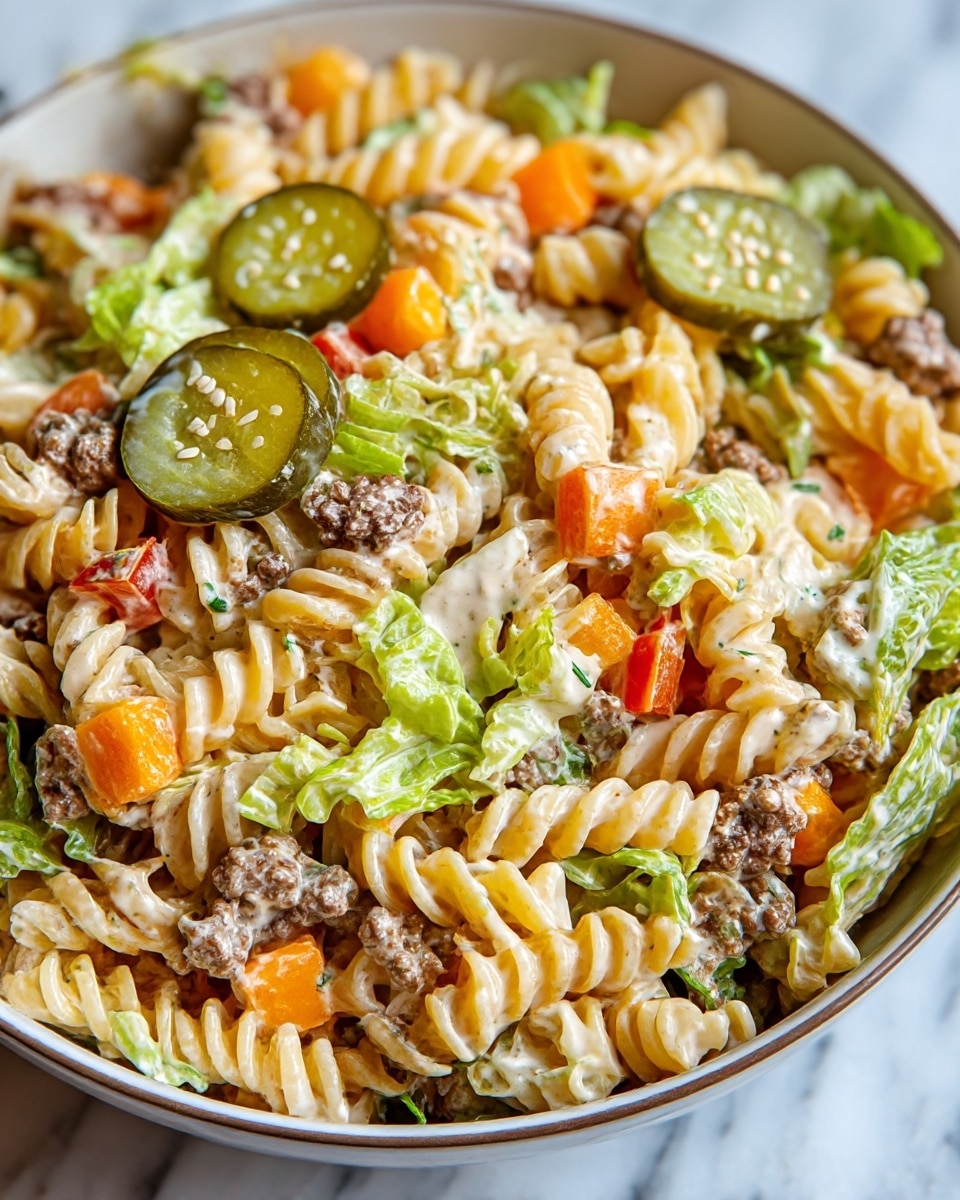 A close-up view of a pasta salad in a clear glass bowl with a white marbled background, featuring three layers: the base layer has crunchy green lettuce pieces, the middle layer is made of creamy, curly rotini pasta mixed with small chunks of cooked ground beef and diced red tomatoes, and the top layer includes sliced green pickles sprinkled with white sesame seeds and fresh green herbs. The textures show creamy sauce coating the pasta, contrasting with the crunchy vegetables and tender meat, all combined in a colorful mix of beige, green, red, and brown hues. photo taken with an iphone --ar 4:5 --v 7