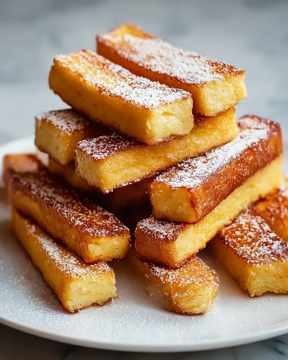 A stack of golden-brown French toast sticks arranged in two layers on a white plate, with the bottom layer showing eight sticks lying flat side by side, and the top layer having four sticks placed horizontally in a slightly uneven pile. Each stick has a crispy, caramelized outer texture with a soft, light yellow inside. The toast sticks are dusted with a light sprinkle of white powdered sugar, adding a delicate contrast to the warm toast colors. The plate sits on a white marbled surface. photo taken with an iphone --ar 4:5 --v 7
