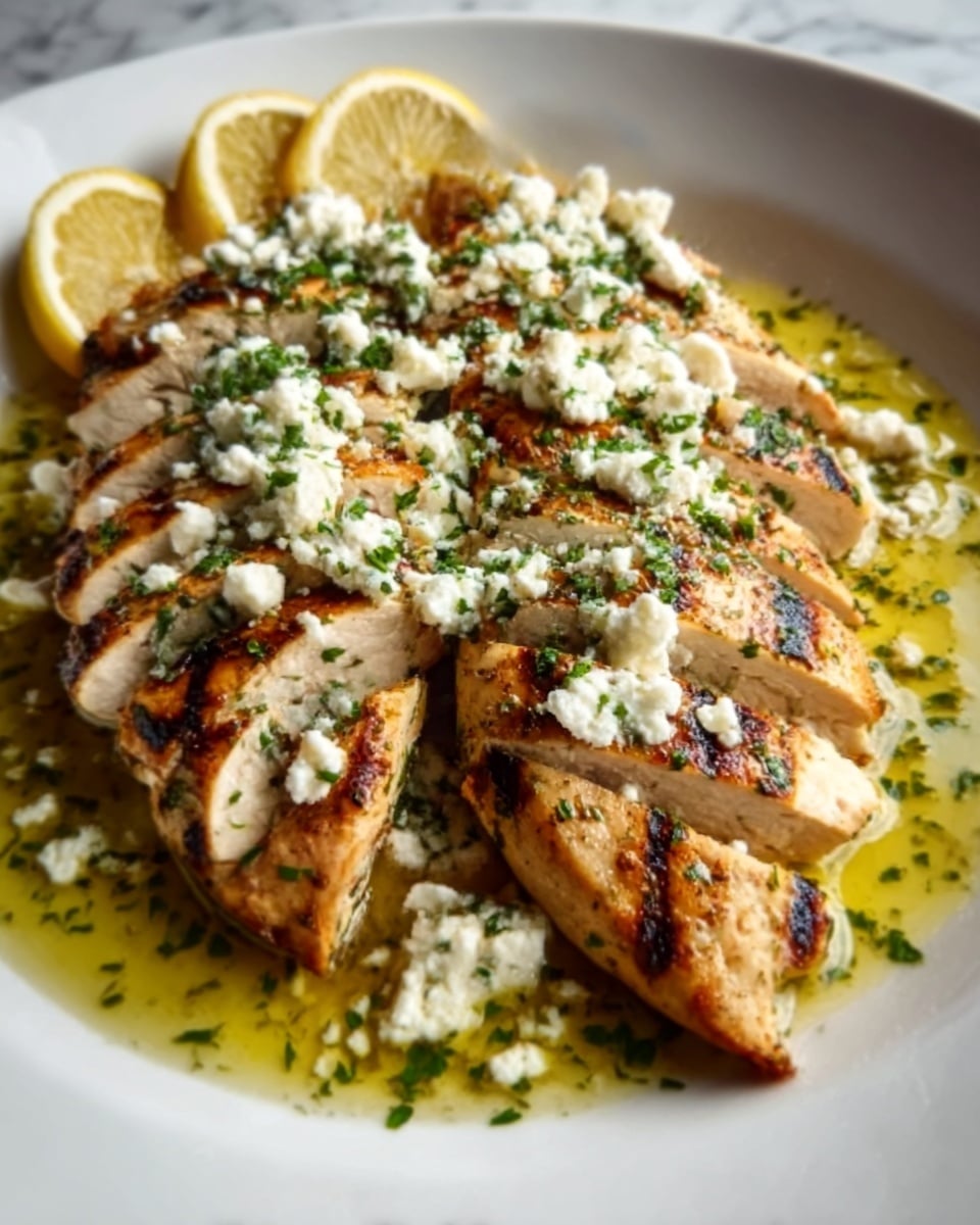 The image shows two grilled chicken breasts sliced and laid on a white plate, each piece golden-brown with char marks and seasoned with herbs. On top of the chicken is a crumbly white cheese, sprinkled evenly, and some green herb bits. The plate is garnished with bright yellow lemon slices placed at the top edge. The background is a white marbled texture, and a woman's hand is seen holding the plate from the side. Photo taken with an iphone --ar 4:5 --v 7