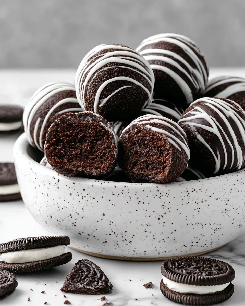 The image shows a white speckled bowl filled with dark chocolate truffle balls that have white icing drizzled in thin stripes over the top. The truffles are round and have a rough, crumbly texture. One truffle is cut in half to show a dense, moist interior with a rich dark color. Around the bowl are broken pieces of chocolate sandwich cookies with white cream filling. The whole scene is set on a white marbled surface, enhancing the contrast between the black truffles and white icing. Photo taken with an iphone --ar 4:5 --v 7