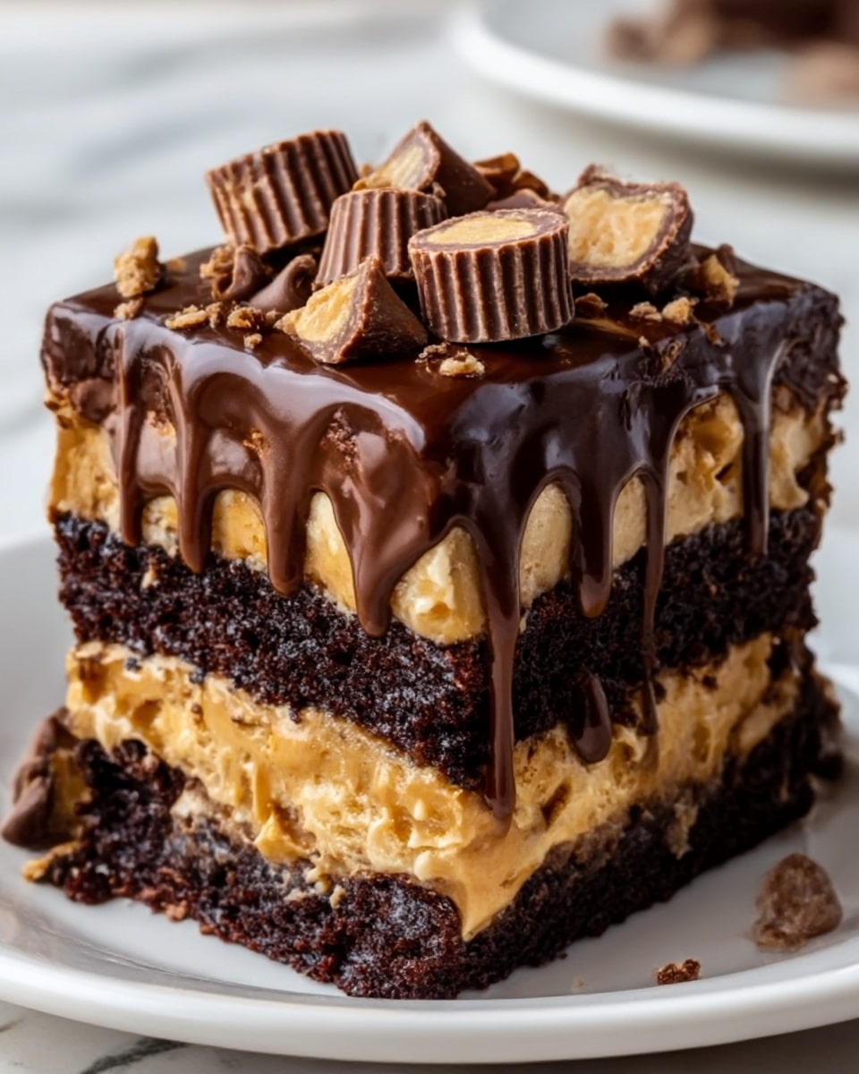 A thick, square slice of layered dessert sits on a white plate with a white marbled background. The bottom layer is dark, moist chocolate cake, followed by a middle layer of rich, creamy peanut butter filling that is golden brown and smooth. Another thick layer of the same dark chocolate cake sits on top of the peanut butter. The top is covered with a shiny, thick chocolate ganache that drips down the sides, adding a glossy texture. Small pieces of chopped peanut butter cups are scattered on top and slightly embedded in the ganache, adding texture and color contrast. Photo taken with an iphone --ar 4:5 --v 7