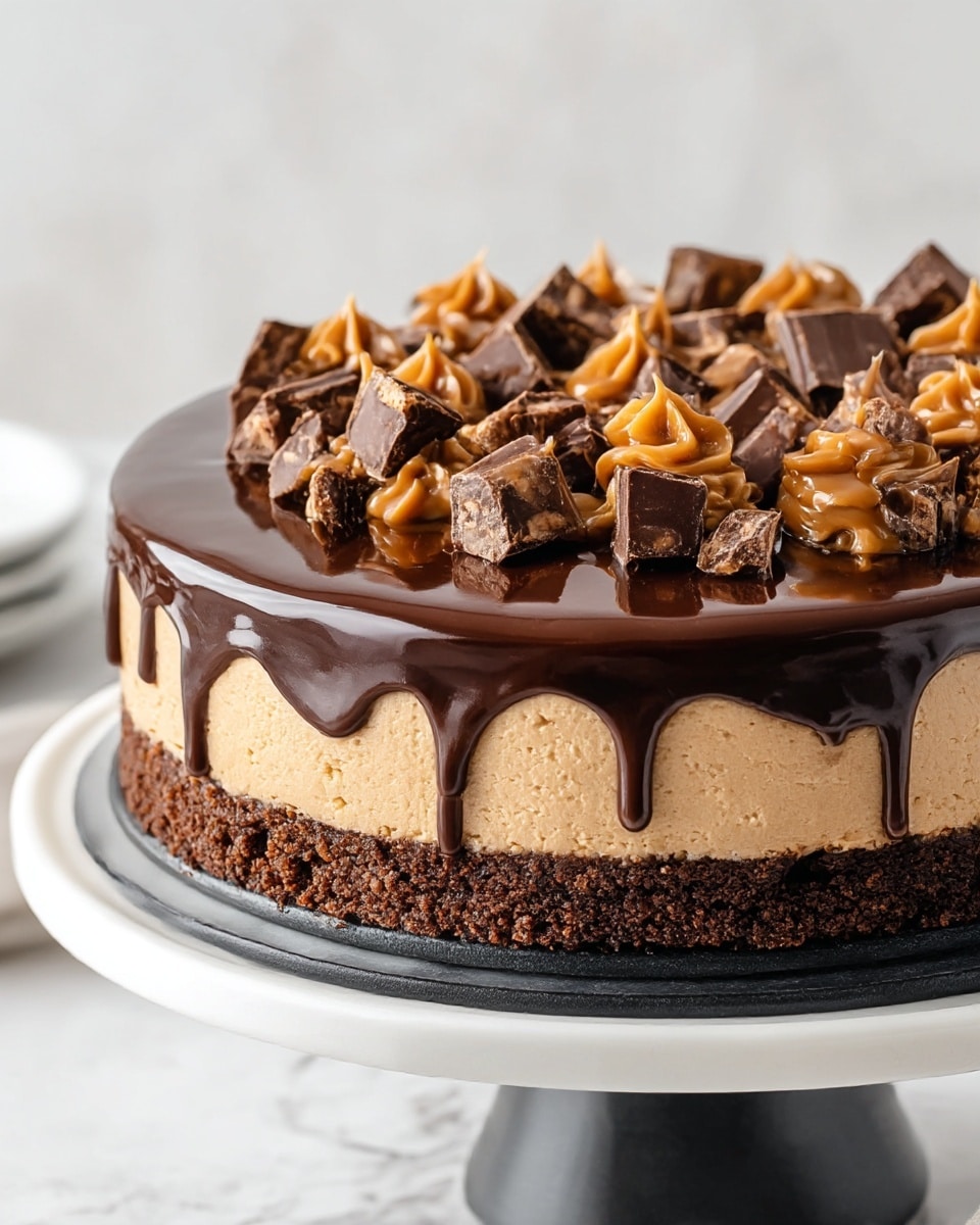 A round layered cake sits on a white cake stand with a black base against a white marbled surface. The bottom layer is a dark brown crumbly crust, followed by a thick middle layer of smooth, light brown creamy filling. The top layer is a glossy dark brown chocolate glaze that drips slightly over the edges. On top of the glaze, there are scattered chunky dark chocolate pieces and swirls of caramel-colored cream, creating a textured and rich finish. The background is softly blurred to keep the focus on the cake. photo taken with an iphone --ar 4:5 --v 7