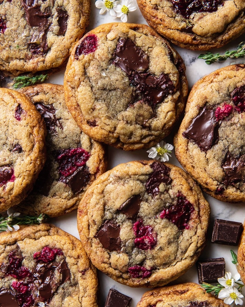 A close-up view of several round cookies on a white marbled surface, each cookie with a golden-brown base that is soft and slightly crinkled, and dark melted chocolate chunks embedded in the dough. Bright red raspberry pieces are scattered throughout the cookies, adding color contrast to the warm tones. Small white flowers and green leaves are placed near the cookies, along with dark chocolate pieces, enhancing the fresh and rich look of the scene. The textures are a mix of crisp cookie edges with gooey chocolate and fruity spots visible on the surface. Photo taken with an iphone --ar 4:5 --v 7