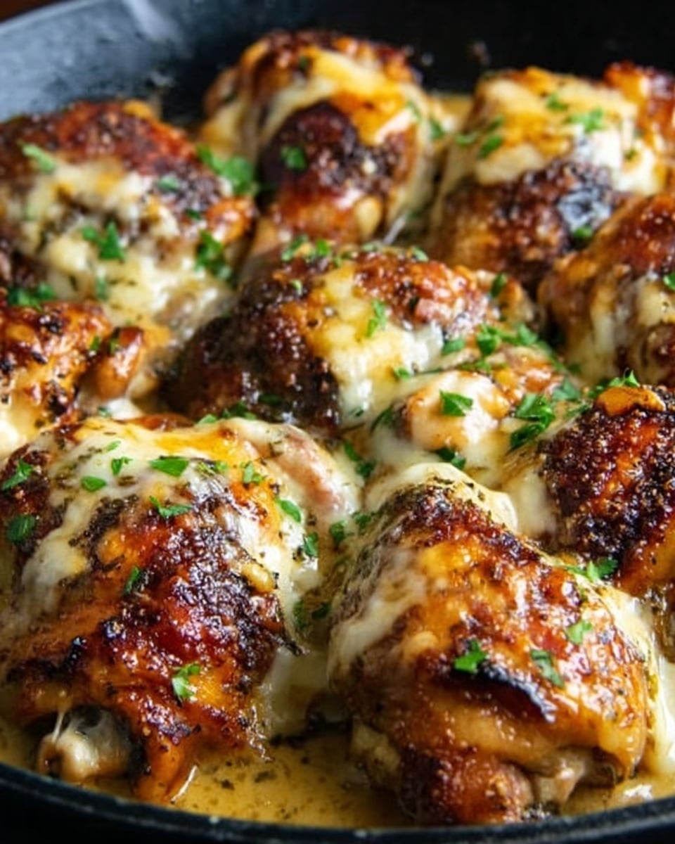The image shows a close-up of a cooked chicken dish in a black pan. The chicken pieces have a golden-brown, crispy skin with some darker charred spots, covered by melted, creamy cheese that has a pale yellow color with a slightly bubbly texture. Small green chopped herbs are sprinkled over the cheese, adding a fresh look. The chicken pieces are packed closely together, filling the pan. The background is a white marbled texture. Photo taken with an iphone --ar 4:5 --v 7