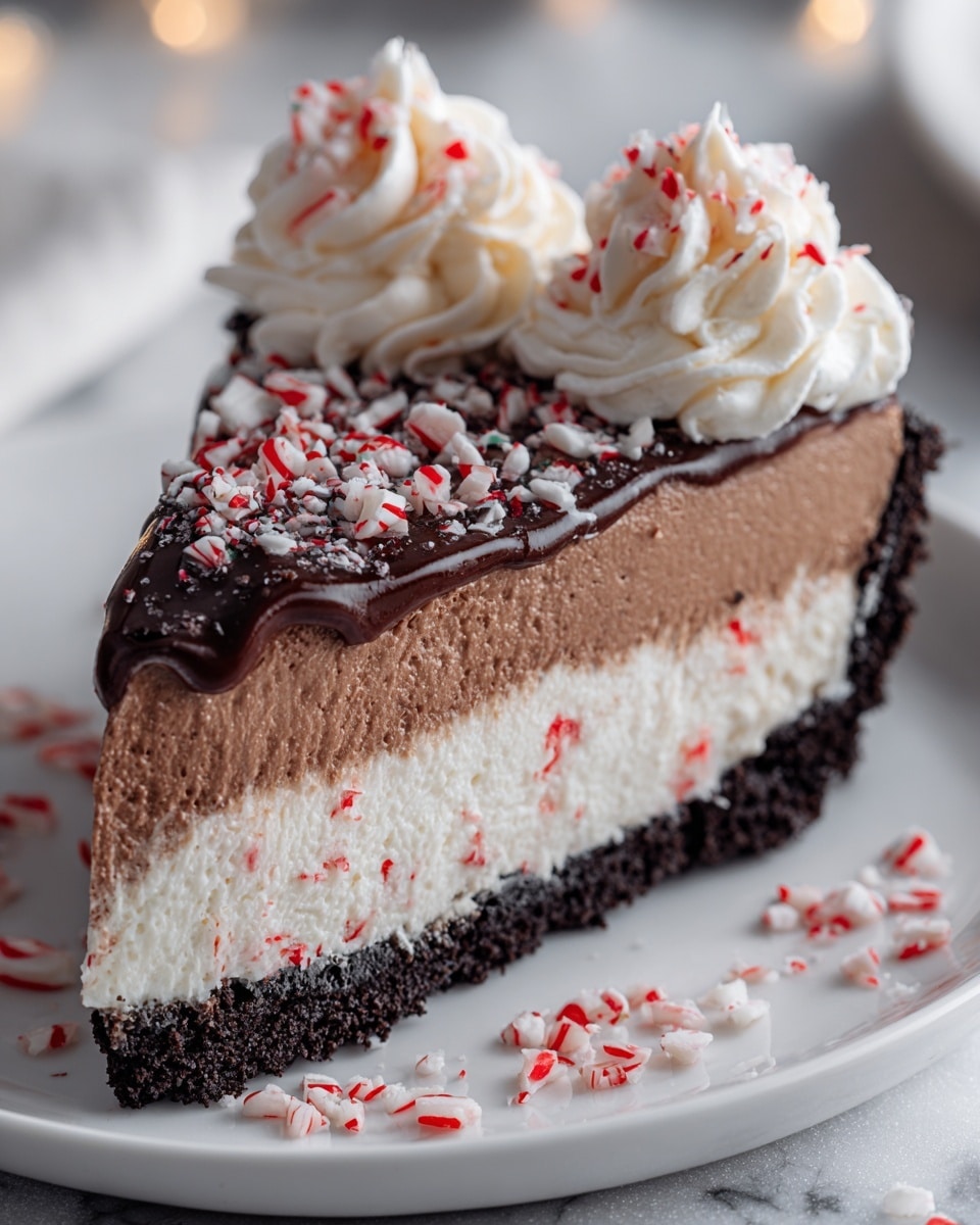 A slice of layered dessert with four distinct layers is shown on a white plate against a white marbled texture background. The bottom layer is a dark, crumbly chocolate crust. Above it lies a smooth, medium-brown chocolate layer. The third layer is thick and creamy white with small red bits mixed throughout. The top layer is a glossy dark chocolate coating sprinkled with crushed red and white peppermint pieces. On the top edge, there are three swirls of white whipped cream with red peppermint bits sprinkled on them. Some crushed peppermint pieces are scattered on the plate nearby. Photo taken with an iphone --ar 4:5 --v 7