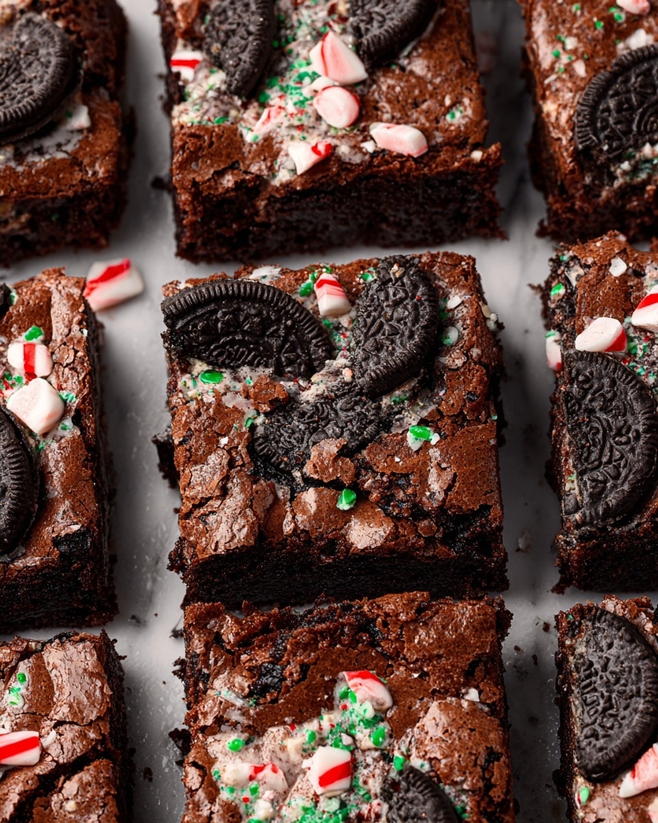The image shows multiple square pieces of rich, dark brown brownies topped with crumbled pieces of black and white Oreo cookies embedded on the surface, along with small bits of red, white, and green crushed candy sprinkled evenly across. Each brownie piece has a slightly cracked texture on top, revealing a dense, moist interior beneath. The layers include a dark chocolate brownie base, a middle creamy Oreo filling layer, visible under some cookie halves on the surface, and a crunchy candy topping spread across all pieces. The brownies are closely arranged on a white marbled textured surface. Photo taken with an iphone --ar 4:5 --v 7