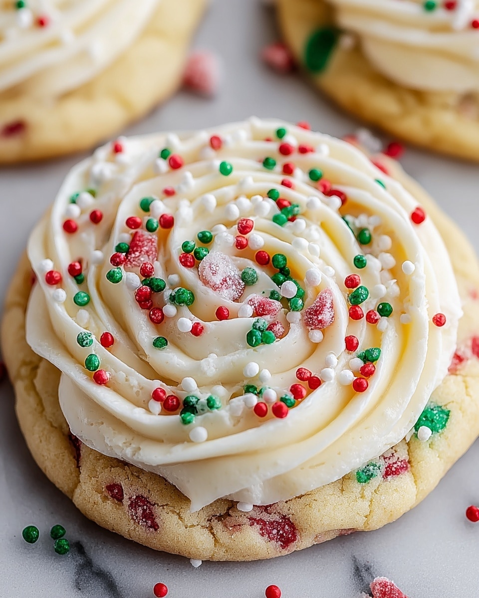 A close-up view of a soft, round sugar cookie with colorful red, green, and white sprinkles visible inside its light golden dough. On top, there is a thick, swirled layer of creamy white frosting shaped like a rose, decorated with small red, green, and white sprinkles scattered evenly over the frosting and around the cookie. The cookie rests on a white marbled surface with some sprinkles scattered nearby. photo taken with an iphone --ar 4:5 --v 7