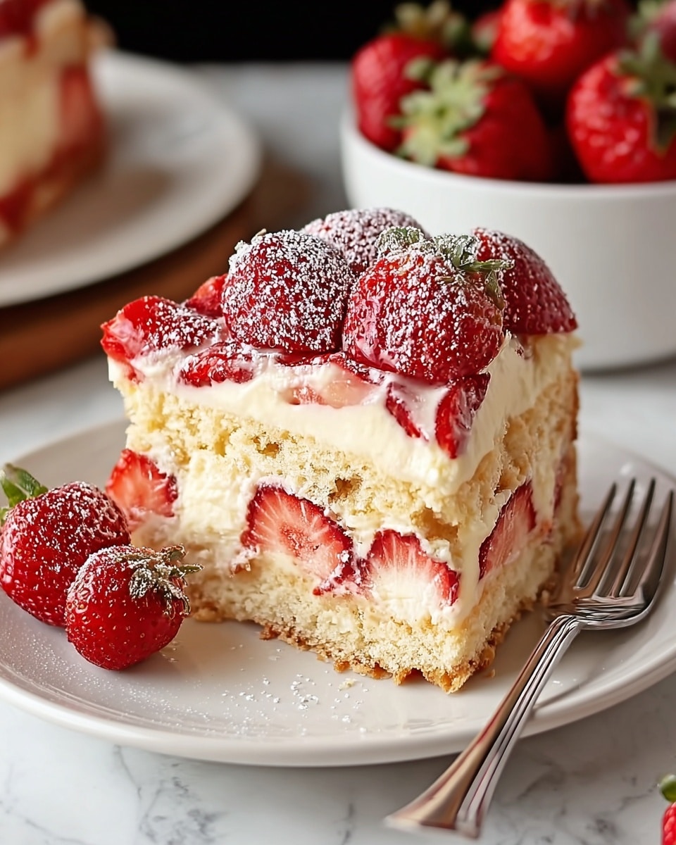 A slice of strawberry shortcake sits on a white plate, showing three main layers: at the bottom is a light golden sponge cake with a soft texture, followed by a thick creamy white layer mixed with fresh red strawberry pieces, and topped by another layer of creamy white filling. On top, there are several whole fresh strawberries with green leaves lightly dusted with white powdered sugar. One extra strawberry rests beside the slice on the plate, and a silver fork is placed near the right edge. The plate sits on a white marbled surface, with a blurred white bowl filled with red strawberries in the background. photo taken with an iphone --ar 4:5 --v 7