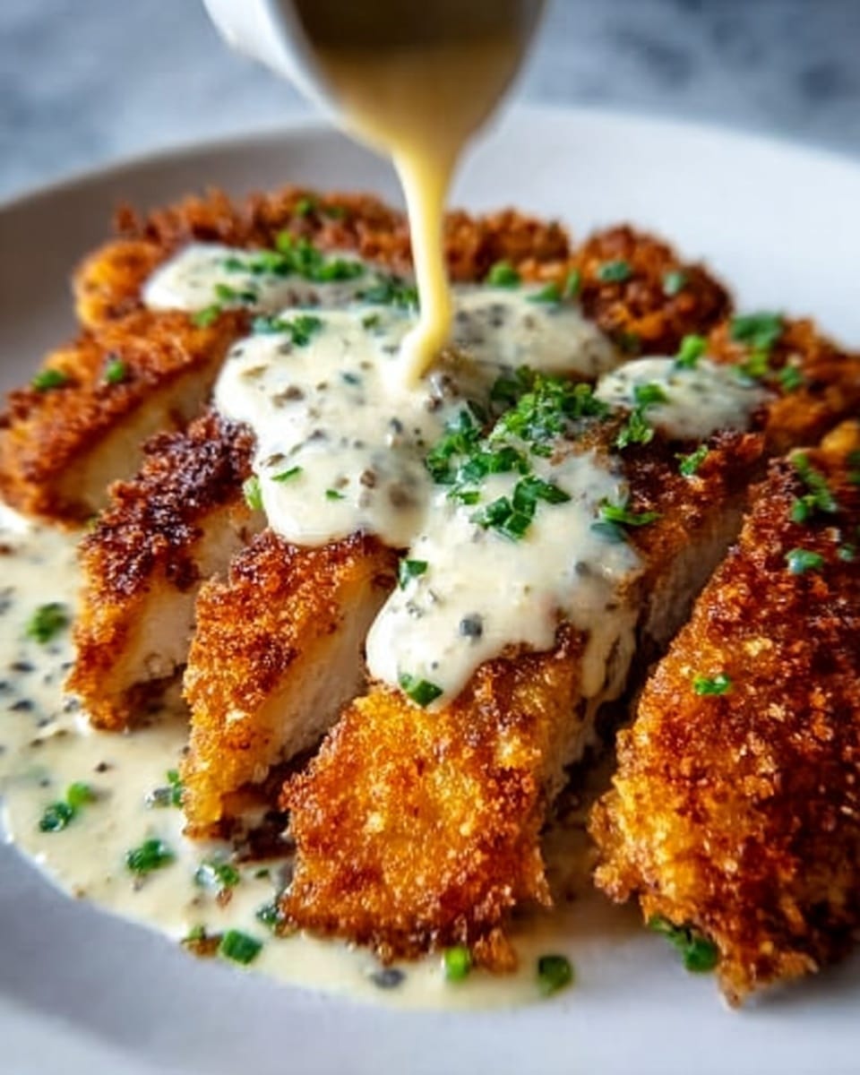 The image shows crispy, golden-brown breaded chicken sliced into several pieces arranged on a white plate. The chicken has a crunchy texture with well-toasted crumbs on top. A creamy white sauce is being poured over the center, flowing down the sides of the chicken slices. Small green herb pieces are sprinkled on top and around the chicken, adding a fresh touch. The background surface is a white marbled texture. Photo taken with an iphone --ar 4:5 --v 7