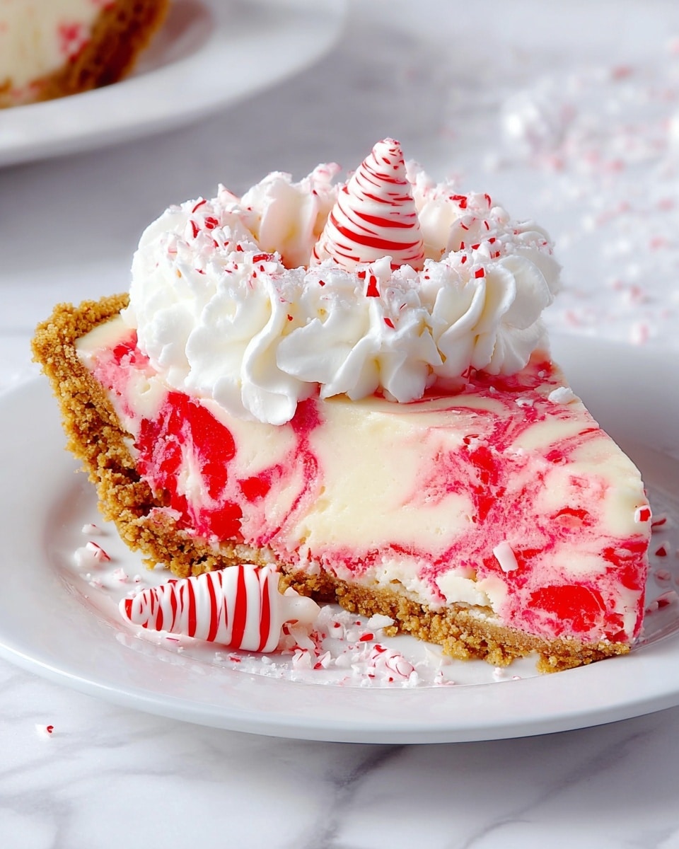 A slice of cheesecake with three main layers sits on a white plate with a detailed edge, placed on a white marbled surface. The bottom layer is a crumbly, golden-brown crust. The middle layer is creamy white cheesecake mixed with swirls of bright red, creating a marbled effect. The top layer is a thick, glossy red glaze with small white crumbs scattered over it. On top, there is a thick swirl of white whipped cream, sprinkled with tiny red crumbs, and crowned with a white chocolate kiss decorated with red stripes. Another identical chocolate kiss rests on the plate beside the slice. Photo taken with an iphone --ar 4:5 --v 7