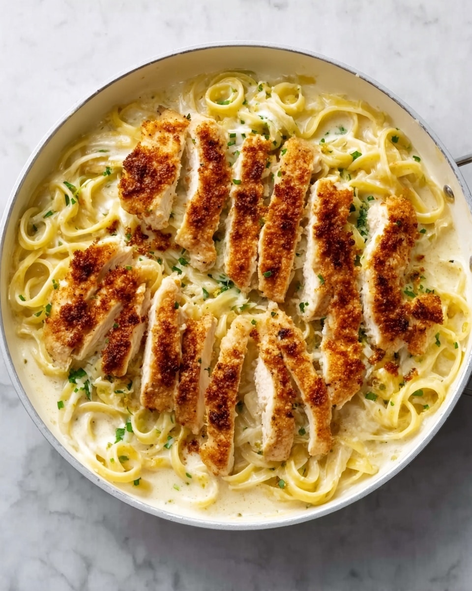 A skillet filled with creamy white sauce pasta layered with fettuccine noodles in the bottom and creamy sauce covering the noodles, topped with evenly sliced and grilled golden-brown chicken strips arranged in a circular pattern. The chicken has a crispy, slightly charred texture with a sprinkle of green herbs and red seasoning on top. The skillet sits on a surface with a white marbled texture. Photo taken with an iphone --ar 4:5 --v 7