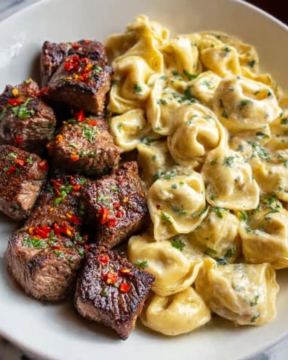 A white plate filled with two main sections: on the left, a generous serving of creamy tortellini pasta with a pale yellow sauce, speckled with small bits of herbs and red chili flakes, giving a smooth and rich texture; on the right, several pieces of well-cooked beef cubes, brown and slightly charred on the outside, with hints of seasoning and green herbs sprinkled on top. The plate rests on a white marbled surface. photo taken with an iphone --ar 4:5 --v 7