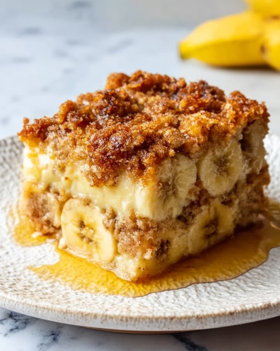 A square piece of layered banana breakfast casserole sits on a white plate with a subtle textured edge, placed on a white marbled surface. The bottom layer is light and fluffy, showing bits of soft banana slices peeking through a moist, bread-like base. On top, there is a thick, crumbly layer with a golden-brown cinnamon sugar topping that looks crunchy and slightly sticky, glistening with syrup that has pooled around the base of the casserole. The overall texture appears soft and moist inside, with a crisp, caramelized top. Photo taken with an iphone --ar 4:5 --v 7