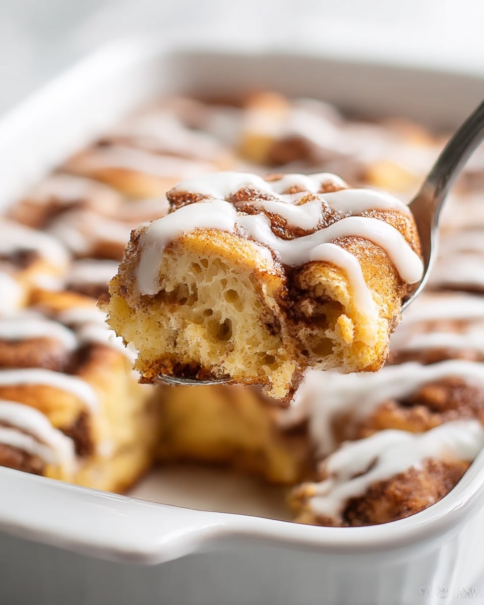 A close-up of a spoon lifting a square piece of a baked cinnamon roll casserole from a white baking dish. The dish shows many soft, golden brown rolls with swirls of dark cinnamon layers inside each roll. The top of the rolls is drizzled with a thick white icing, creating shiny, smooth lines over the slightly textured surface of the rolls. The spoon holds a piece that reveals the light, fluffy, and moist inside with visible air pockets and a touch of cinnamon color inside. The background has a soft focus on the rest of the casserole in the same white baking dish, all placed on a white marbled surface. photo taken with an iphone --ar 4:5 --v 7