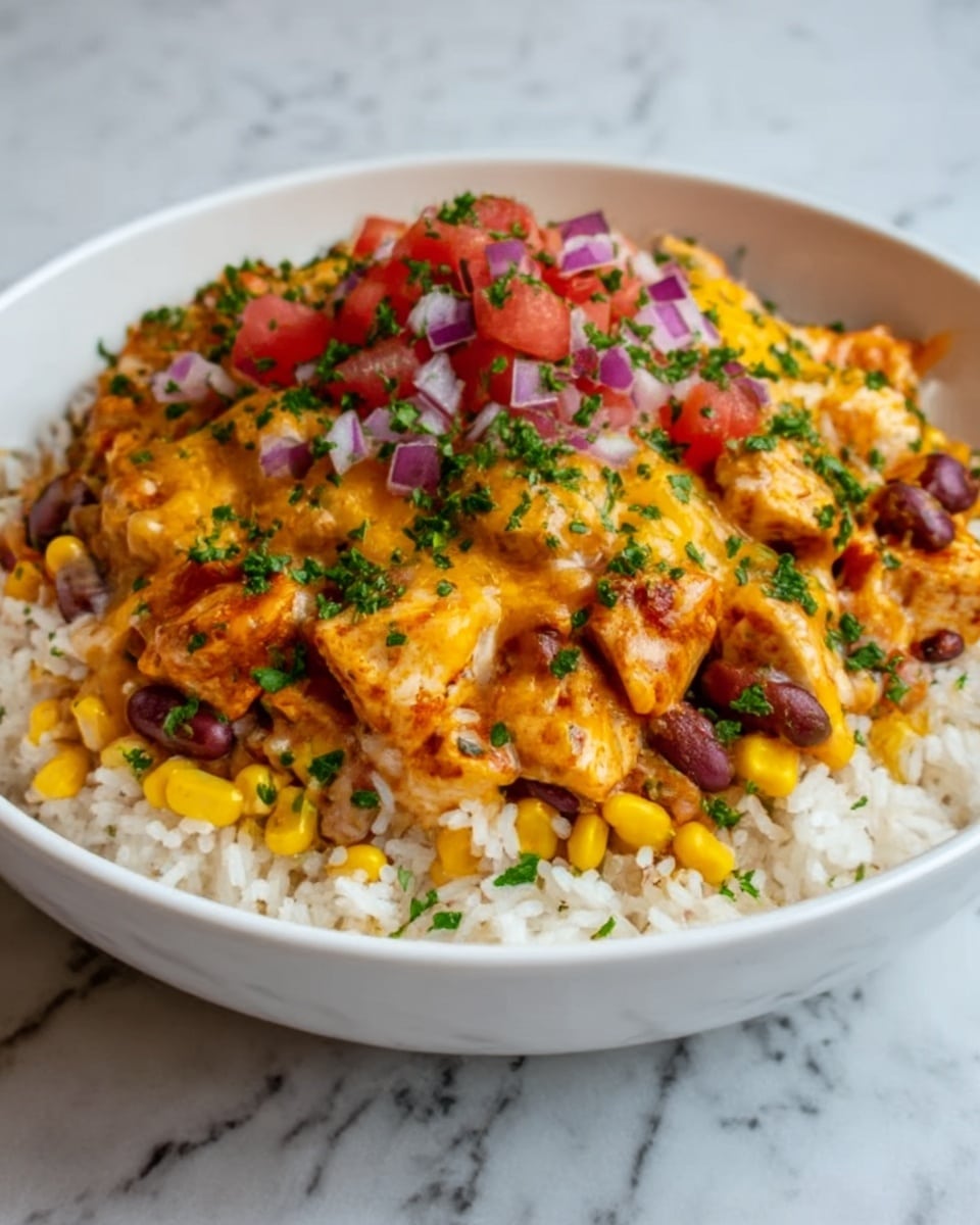 A white bowl on a white marbled surface holds a layered dish starting with a base of white rice mixed with yellow corn kernels. On top, there are orange seasoned chicken pieces scattered evenly, covered with melted yellow and white cheese. The dish is finished with small red tomato chunks, finely chopped green herbs, and small pieces of purple onion sprinkled all over. photo taken with an iphone --ar 4:5 --v 7