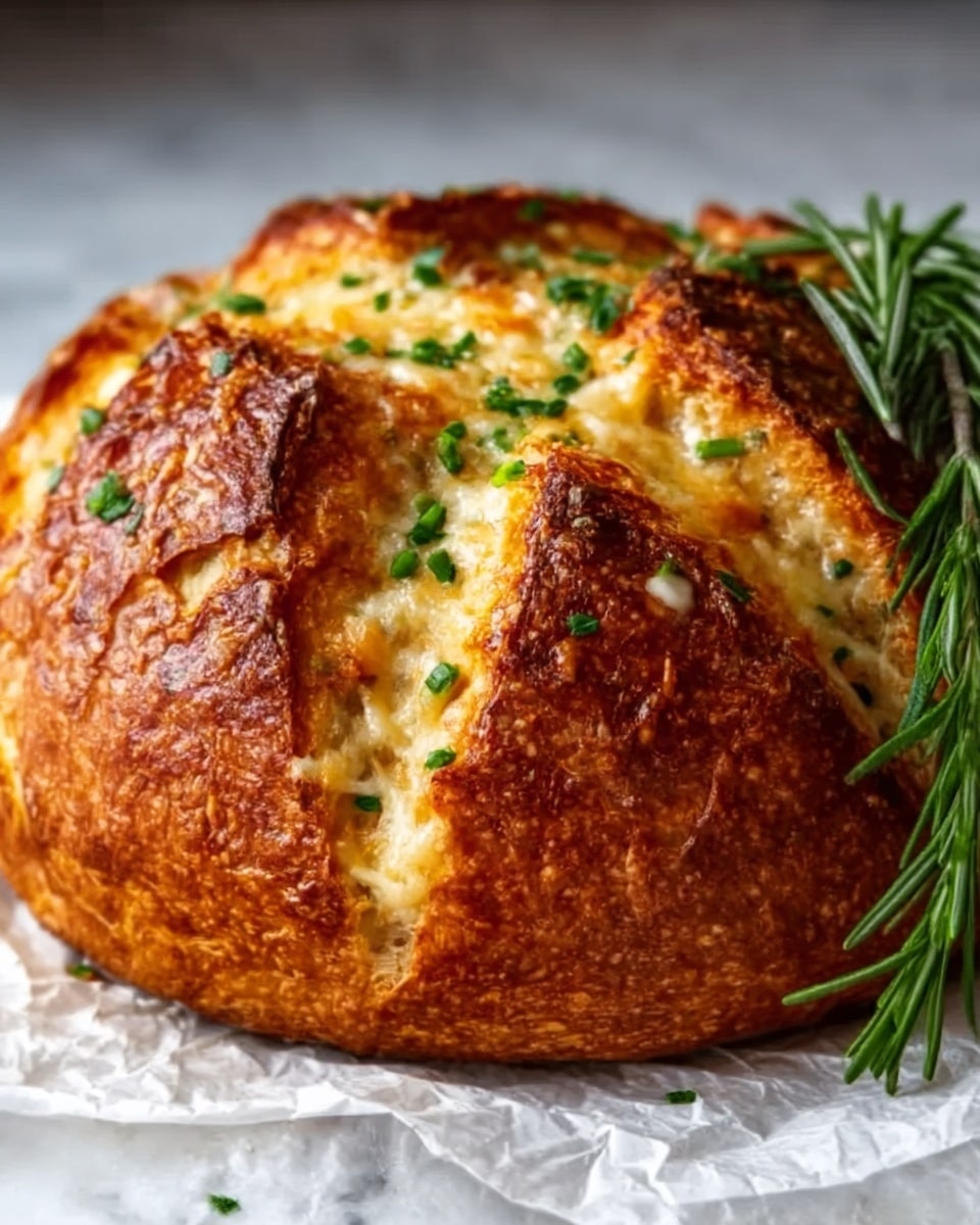 A round loaf of bread with a deep golden-brown crust sits on a white marbled surface. The bread is split in a criss-cross pattern, revealing a soft, light yellow interior with melted cheese oozing out from the cuts. Small melted cheese bubbles dot the crust, adding texture and a slightly glossy look. Fresh green rosemary sprigs rest on top, along with finely chopped green herbs scattered across the surface, enhancing the bread's rustic and inviting appearance. Photo taken with an iphone --ar 4:5 --v 7