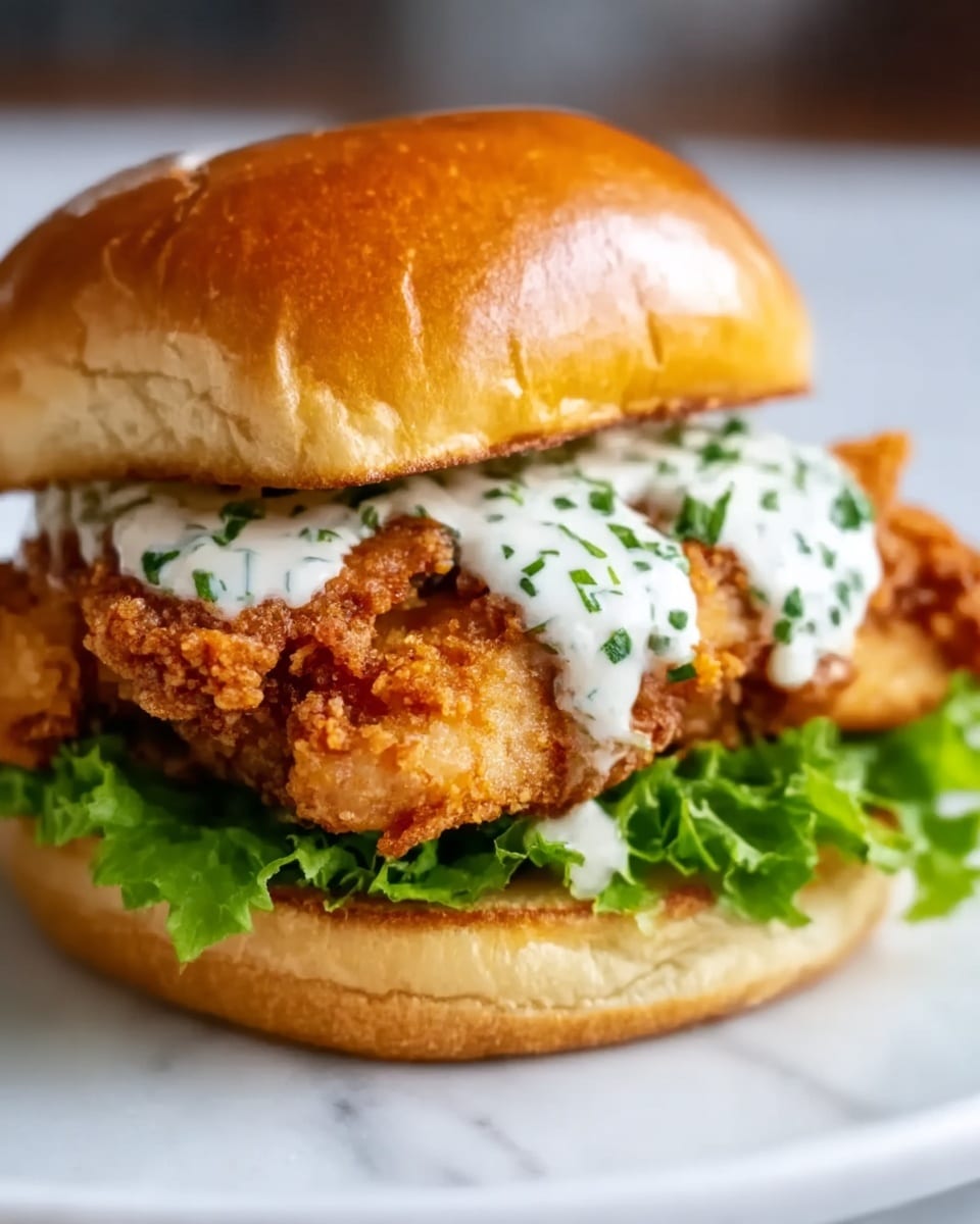 A close-up image of a large chicken sandwich on a white plate, placed on a white marbled surface. The sandwich has three main layers: a golden brown toasted bun on top with a slightly shiny texture, a layer of white creamy sauce with small green herb bits dripping slightly, and a thick crispy fried chicken patty below with a crunchy, textured brown coating. At the bottom, there is a fresh green leafy lettuce layer resting on the bottom half of the soft bun, which has a light golden color. Photo taken with an iphone --ar 4:5 --v 7