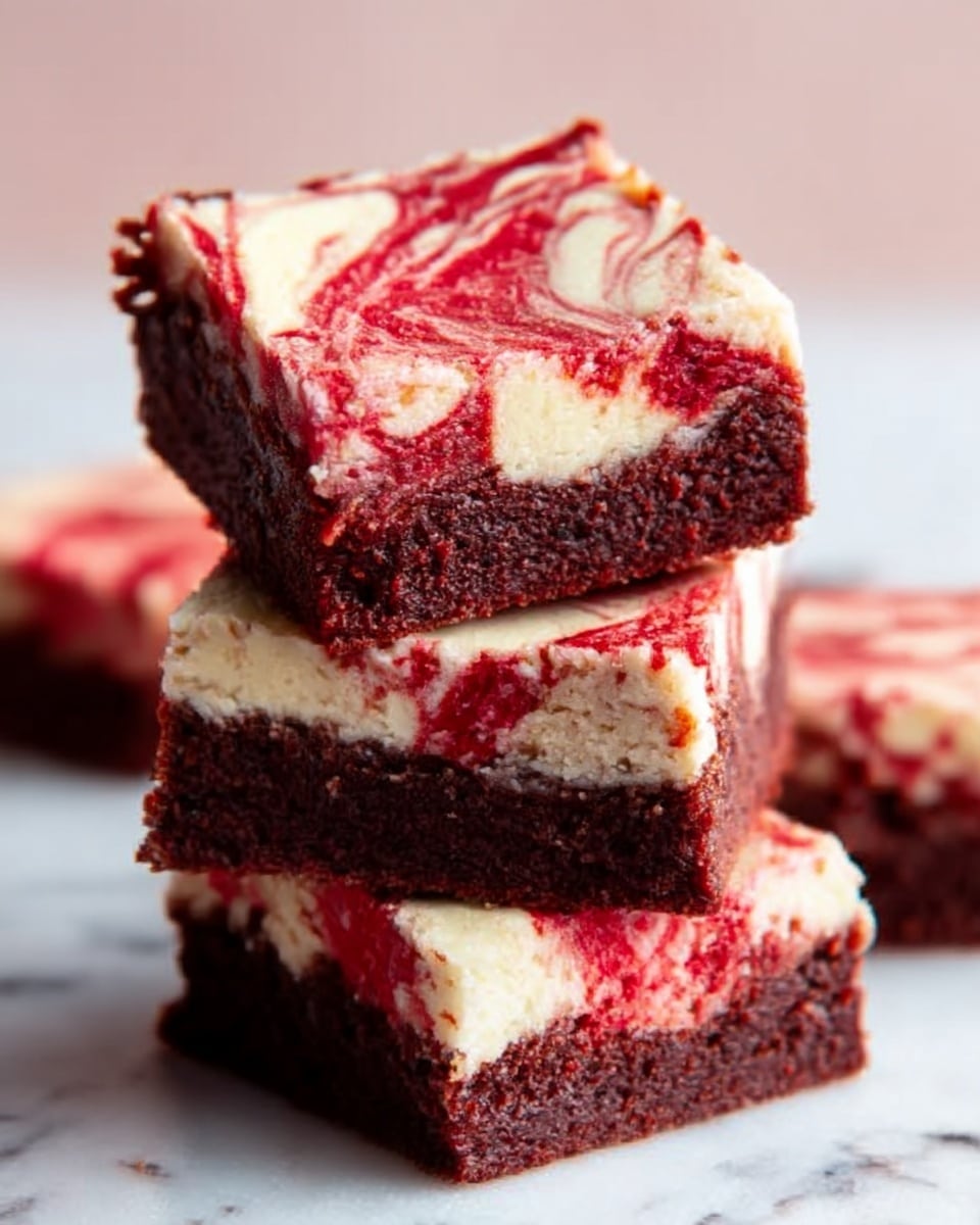 A stack of four rich red velvet brownies with creamy white swirls on top is shown. Each brownie layer is thick and dark red with a moist texture, topped with smooth, creamy white frosting that is marbled with red streaks. The brownies are stacked unevenly, with the top brownie slightly tilted, displaying the swirled pattern clearly. The background is a white marbled surface with soft lighting highlighting the colors and textures of the brownies. Photo taken with an iphone --ar 4:5 --v 7