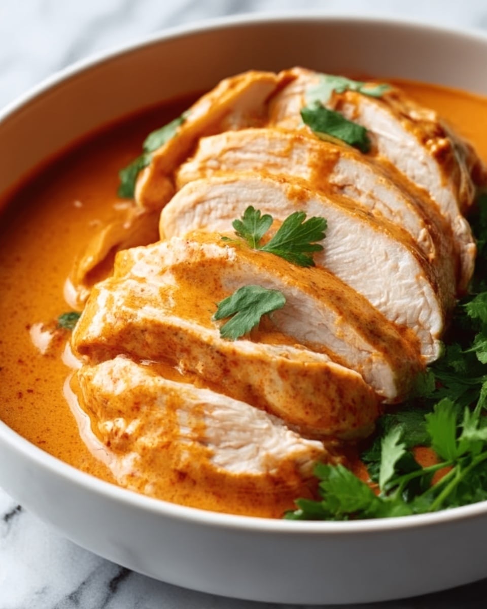 A close-up image of sliced cooked chicken breast arranged in a slightly overlapping stack inside a white bowl. The chicken is covered with a smooth, glossy orange sauce that coats the top and sides of the slices, showing some light reflections. On the side of the bowl, there is a small bunch of fresh green herbs, adding a fresh contrast to the warm colors of the chicken and sauce. The bowl rests on a white marbled surface that adds subtle texture to the background. Photo taken with an iphone --ar 4:5 --v 7