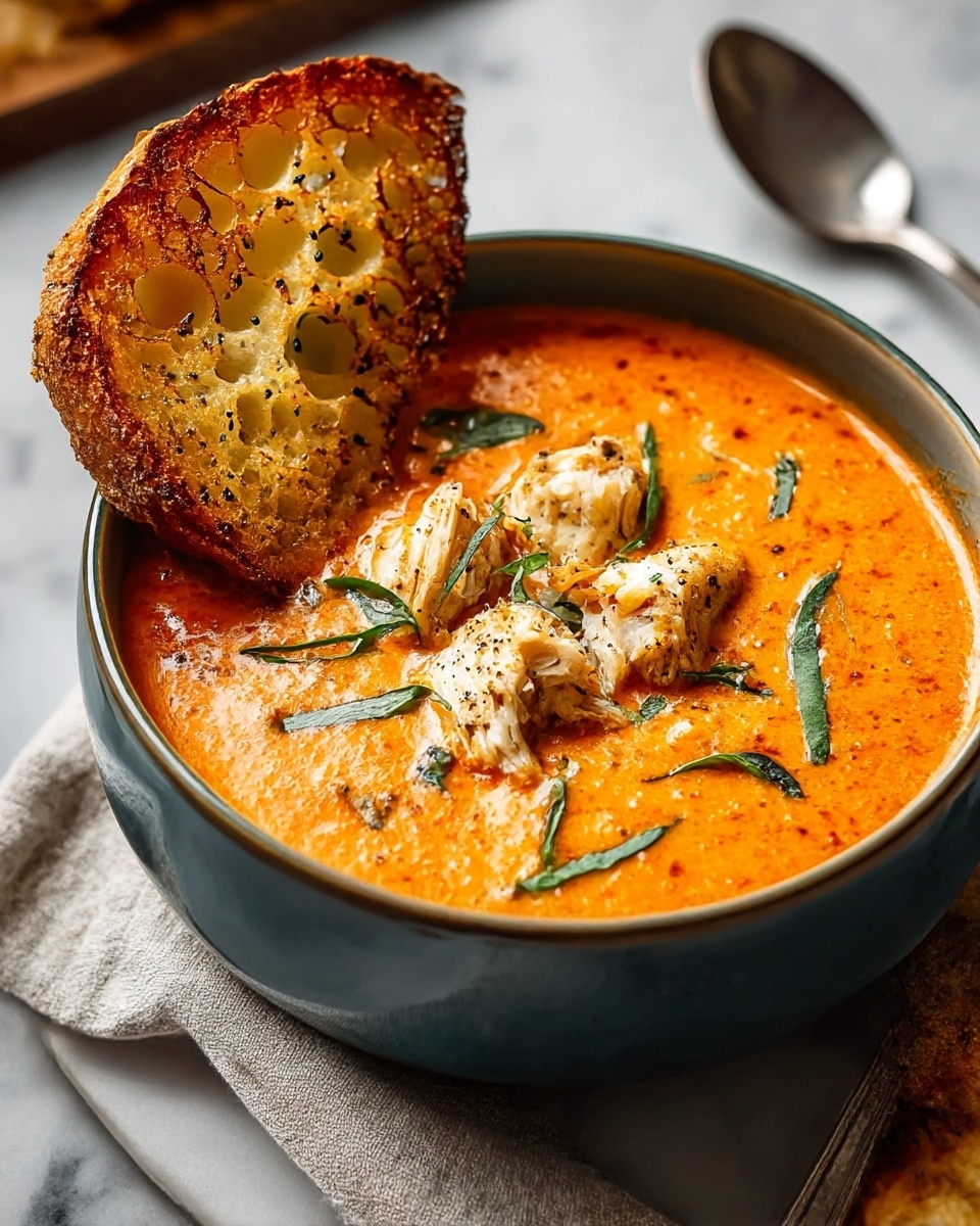 A bowl filled with creamy orange and white soup with a slightly oily texture on top, garnished with five pieces of shredded chicken that have a light brown color and a soft texture. Thin dark green strips of herbs are sprinkled across the surface, adding contrast. On one side of the bowl, a piece of toasted bread with a golden-brown crust and visible black pepper sits partially dipped in the soup. The bowl itself has a natural beige and blue glaze finish. The bowl is placed on a white marbled surface with a folded dark teal napkin and a silver spoon beside it. photo taken with an iphone --ar 4:5 --v 7