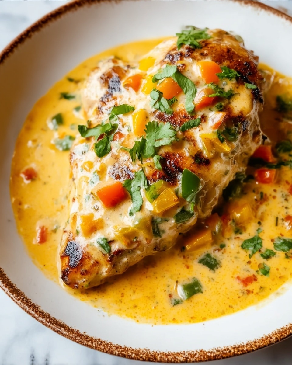 A white plate holds a piece of grilled chicken breast with a slightly charred, golden-brown crust. On top, there is a creamy light yellow sauce covered with small diced pieces of orange, yellow, and green bell peppers. The sauce pools around the chicken, mixing with some fresh green cilantro leaves scattered on the plate. The background and surface beneath the plate show a white marbled texture. photo taken with an iphone --ar 4:5 --v 7