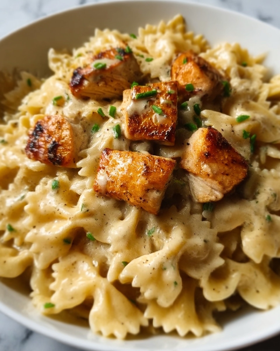 The image shows a close-up of a white plate filled with bow-tie pasta coated in a creamy beige sauce, topped with small chunks of grilled chicken that are golden brown with a slightly crispy texture. Small green herb pieces are sprinkled over the dish, adding a touch of color. The creamy sauce glistens, covering each pasta piece evenly, while the chicken pieces sit on top, creating a layered effect of pasta and meat. The background is a white marbled texture, giving a clean and bright feel. Photo taken with an iphone --ar 4:5 --v 7