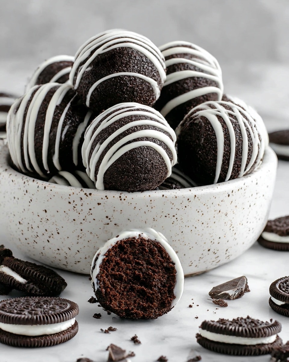 The image shows a white speckled bowl filled with round dark chocolate truffles, each decorated with thin white icing stripes running across horizontally. One truffle is broken open at the top, revealing a soft, crumbly, and moist dark chocolate inside. Around the bowl, there are crumbled pieces and whole chocolate sandwich cookies with white cream filling. The bowl sits on a white marbled surface with cookie crumbs scattered around. photo taken with an iphone --ar 4:5 --v 7
