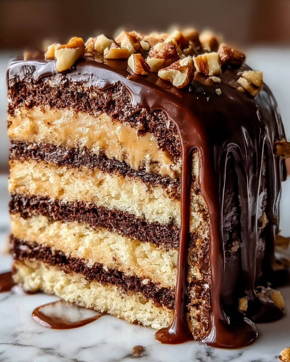 A close-up view of a slice of layered cake with five visible layers, alternating between dark chocolate cake and light golden cookie-like layers. Between each layer is a creamy caramel filling, rich and smooth. The entire slice is covered in glossy dark chocolate ganache that drips slowly down the sides, pooling slightly around the base on a white plate with a subtle marbled texture. Small chunks of toffee or caramel candy pieces are sprinkled thickly on top, adding a rough, crunchy texture that contrasts with the smooth ganache. The image is sharp, highlighting the crumbly texture of the cake and the shiny, smooth chocolate coating. photo taken with an iphone --ar 4:5 --v 7