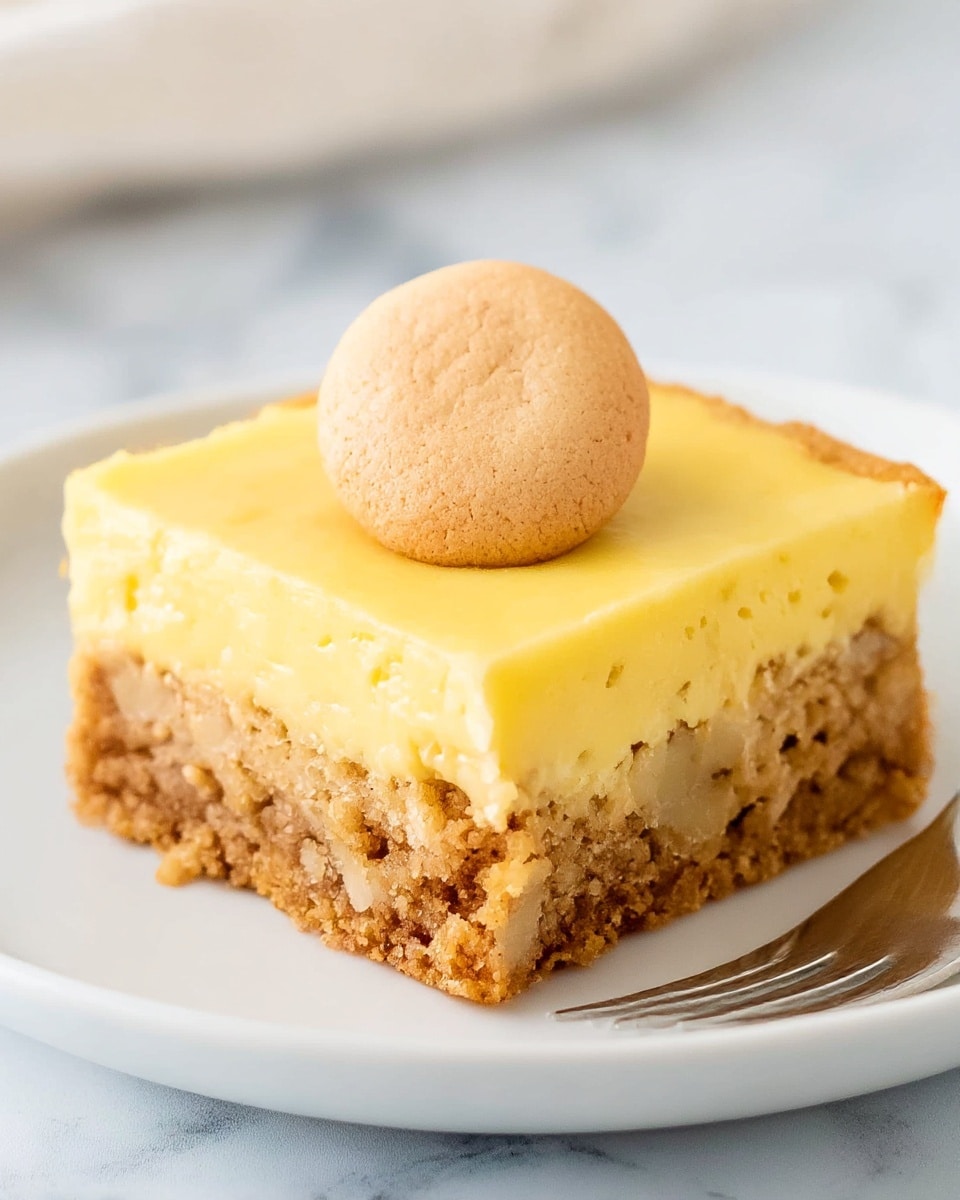 A square piece of dessert on a white plate sits on a white marbled surface. The dessert has two layers: the bottom layer is thick, chunky, and light brown with a rough texture, while the top layer is smooth, creamy, and pale yellow, covering the entire piece evenly. In the center of the top layer, there is a round, golden-brown cookie sitting flat. A white fork is placed next to the dessert on the plate. Photo taken with an iphone --ar 4:5 --v 7