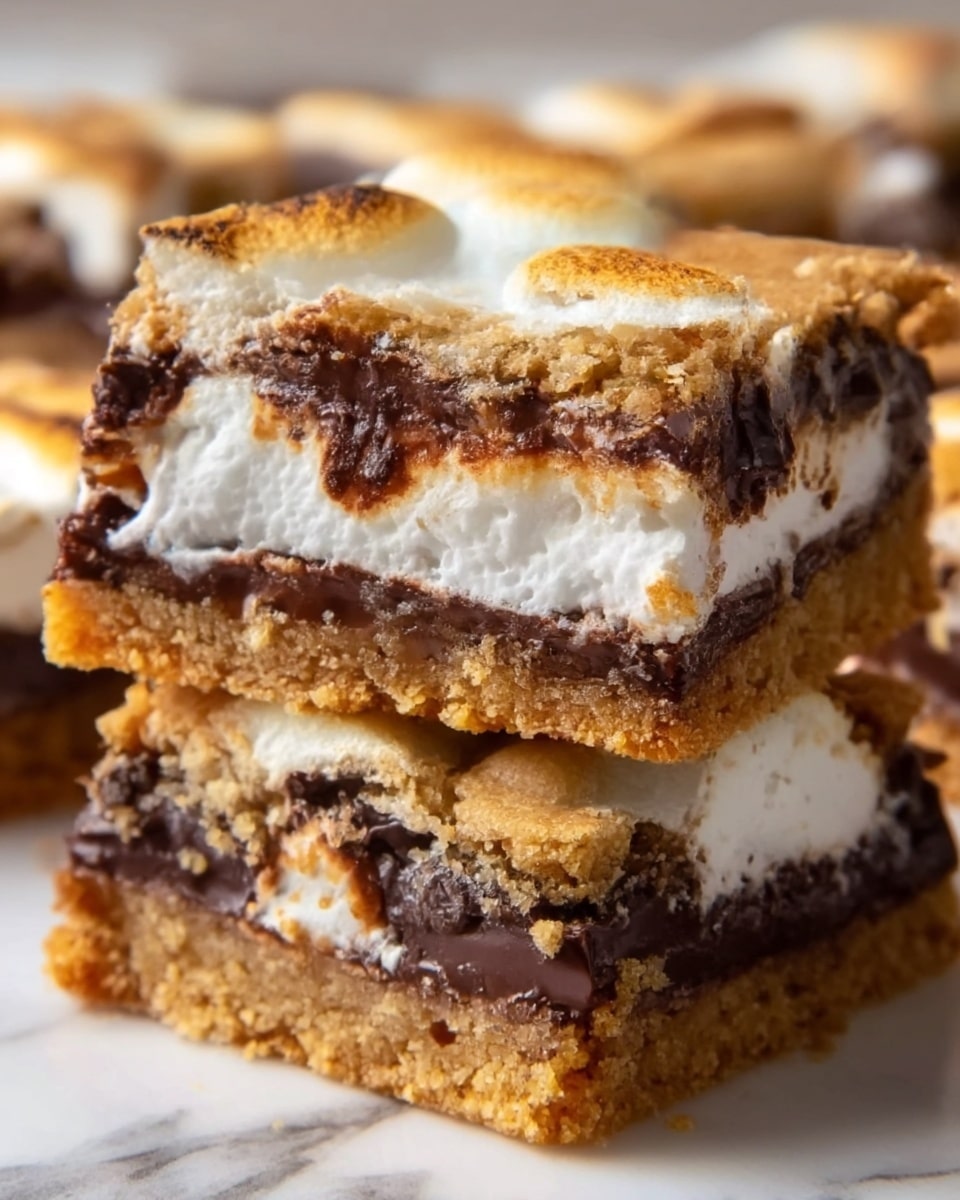 The image shows a close-up of two stacked dessert bars on a white marbled surface. Each bar has three visible layers: the bottom and top layers are golden-brown soft cookie dough with a slightly crumbly texture, while the middle layer is thick and glossy dark chocolate. Within the chocolate layer, there are fluffy white marshmallows melted slightly, creating a gooey contrast. The bars are square-shaped with some cookie crumbs around them. Photo taken with an iphone --ar 4:5 --v 7