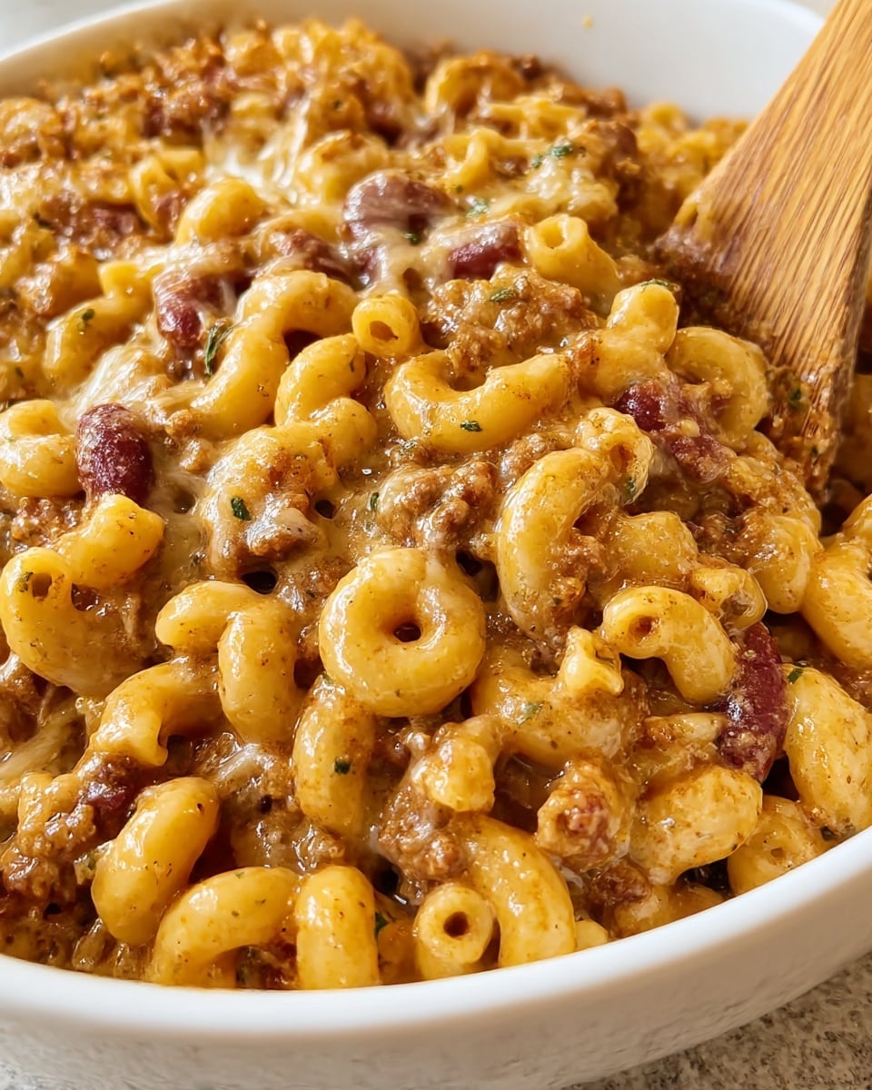 A close-up view of a creamy, baked macaroni dish in a white bowl, showing about three layers mixed together: the base layer of cooked elbow macaroni pasta is soft and pale yellow, covered with a thick middle layer of chunky ground beef and kidney beans in a rich brownish-red sauce, and topped with a golden melted cheese layer dotted with small green herb pieces. A dark wooden spoon is partially visible resting inside the bowl on the right side, slightly stirring the cheesy pasta mixture on a white marbled surface. photo taken with an iphone --ar 4:5 --v 7