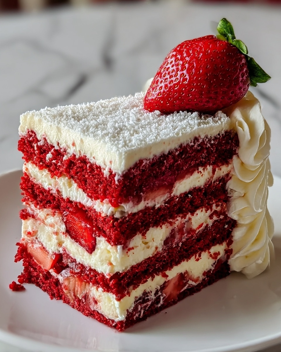 A slice of layered cake on a white plate with a white marbled background, featuring three layers of deep red velvet cake alternating with thick white cream layers that have embedded pieces of red strawberries and a light yellow sponge layer in the middle. The top layer is covered with white cream and sprinkled with white powdered sugar, decorated with a whole bright red strawberry with green leaves, and a small dollop of cream on the side. The cake texture looks moist and soft, with vibrant red and white colors contrasting beautifully. Photo taken with an iphone --ar 4:5 --v 7