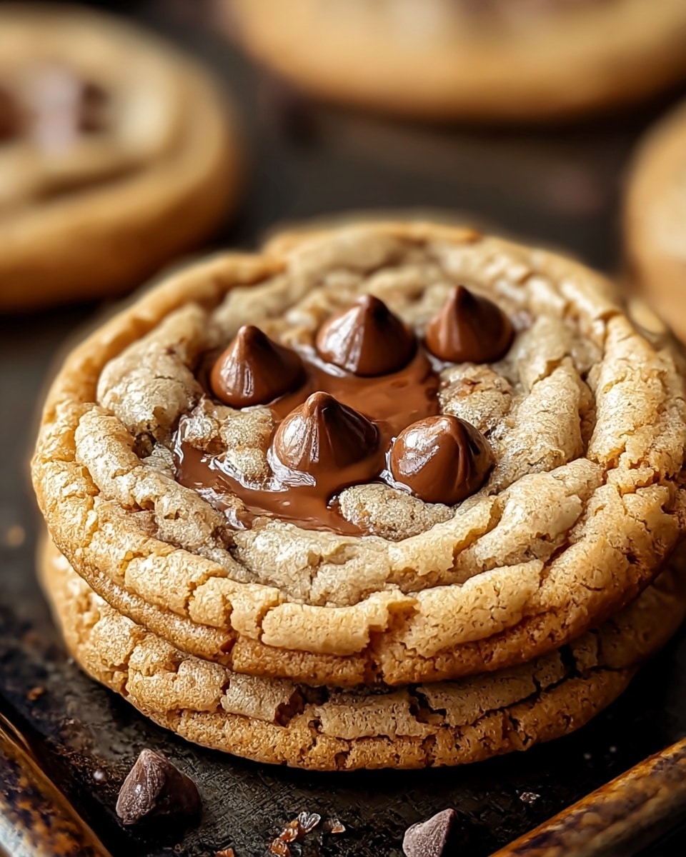 A close-up view of a stack of two soft cookies with cracked, golden-brown edges and a slightly shiny, chewy center. The top cookie has a small pool of melted chocolate chips in the middle, with several whole chocolate chips resting on top, creating a glossy, rich texture. The cookies sit on a dark baking tray, with another cookie blurred in the background. The overall look is warm and inviting, showing a mix of smooth melted chocolate and rough cookie surface. Photo taken with an iphone --ar 4:5 --v 7