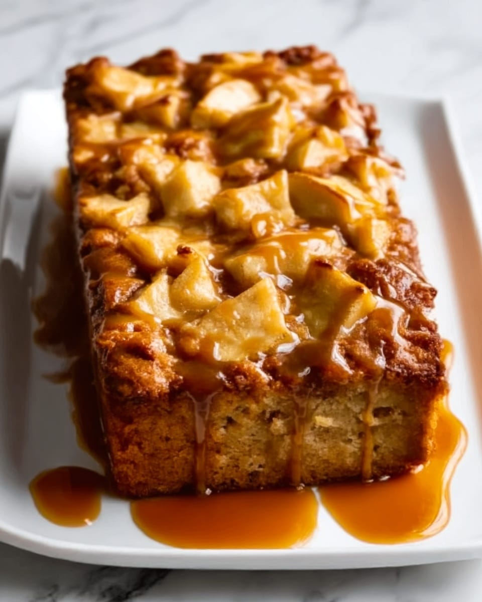 A rectangular piece of moist apple cake sits on a white plate, showcasing a golden brown top layer filled with chunks of cooked apple that have a slightly caramelized appearance. The cake’s texture looks soft and dense with a slightly crisp crust around the edges. Drizzled over the cake and pooling slightly on the plate is a rich caramel sauce with a glossy finish. The background is a white marbled surface. photo taken with an iphone --ar 4:5 --v 7