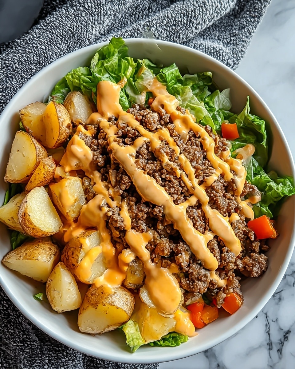 A white bowl holds a colorful layered dish starting with fresh green lettuce at the bottom left, topped by a large pile of brown cooked ground beef mixed with slightly translucent cooked onions and small orange bell peppers in the center and right. Around the beef and vegetables, chunks of golden roasted potatoes are arranged on the left and bottom side. The dish is finished with zigzag drizzles of orange cheese sauce and light tan creamy sauce covering the top. The bowl is placed on a white marbled surface with a textured grey cloth beside it. Photo taken with an iphone --ar 4:5 --v 7