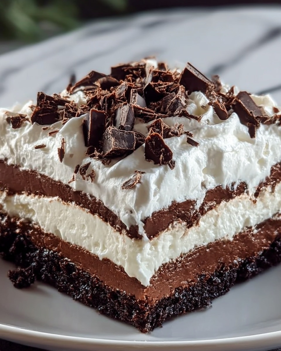 A close-up of a square layered dessert on a white plate, showing four visible layers: the bottom layer is a dark, crumbly chocolate base, followed by a thick white creamy layer, then a thinner smooth chocolate layer, topped with a fluffy white whipped cream layer. On top of the whipped cream are scattered dark chocolate shavings and chunks, adding texture and richness. The dessert is cut cleanly, exposing the contrast between the dark and light layers, with a white marbled surface in the background. Photo taken with an iphone --ar 4:5 --v 7