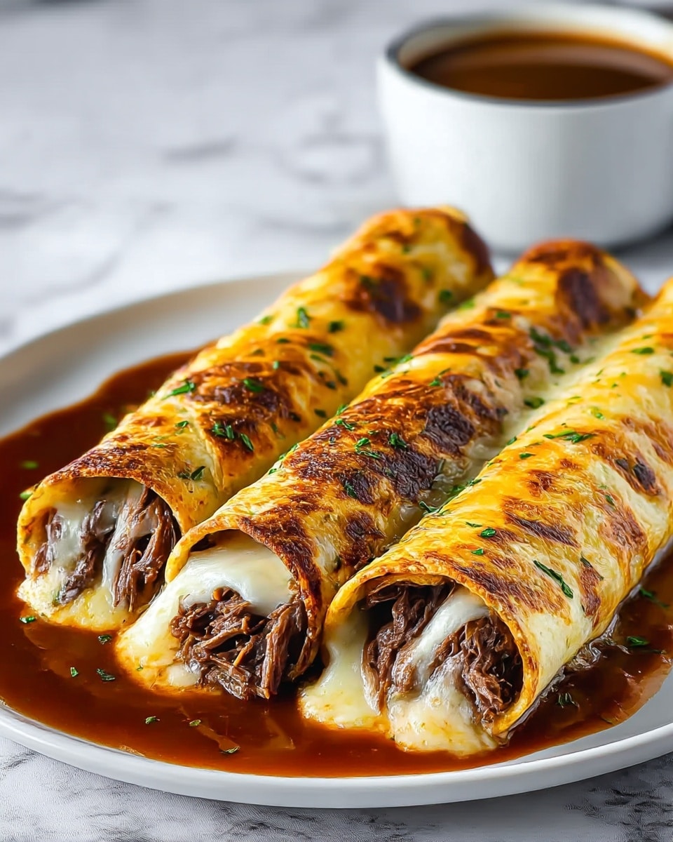 Three rolled enchiladas are placed close together on a white plate, each filled with shredded dark brown beef and melted white cheese that oozes slightly at the edges. The outer layer is a golden brown tortilla, toasted with darker browned spots and sprinkled with finely chopped green herbs. A rich, glossy brown sauce pools around the base of the enchiladas on the plate. In the background, slightly out of focus, there is a white cup filled with more brown sauce sitting on a white marbled surface. Photo taken with an iphone --ar 4:5 --v 7