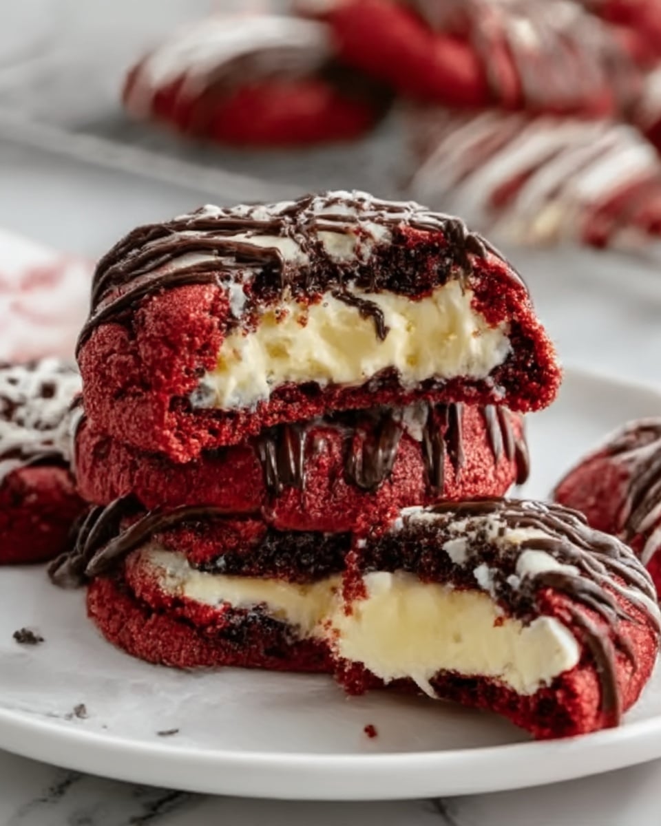 The image shows a stack of red velvet cookies with cream cheese centers on a white plate with a white marbled background. Each cookie has three visible layers: a bright red, soft, and crumbly outer cookie layer; a smooth and creamy, pale yellow cream cheese filling in the middle; and a slightly darker, moist cookie base underneath. The cookies are drizzled with dark chocolate in fine lines on top, adding a shiny texture. One cookie is broken in half, revealing the gooey cream cheese interior clearly. The plate rests on a white marbled surface with a woman's hand holding one cookie. Photo taken with an iphone --ar 4:5 --v 7
