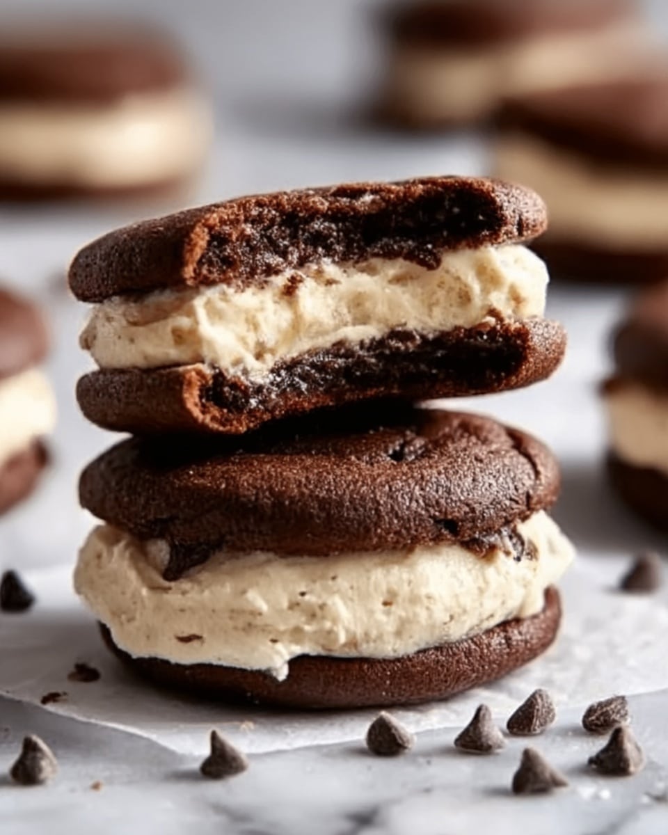 The image shows a close-up of a stack of two chocolate cookie sandwiches on a white marbled surface. Each sandwich has three layers: dark brown, soft-looking chocolate cookies on the top and bottom, with a thick layer of light beige cream filling in the middle. The top cookie of the stack has a bite taken out of it, revealing the creamy filling and soft texture inside. Small chocolate chips are scattered around the base, adding texture and detail. The background is softly blurred, focusing attention on the rich colors and textures of the cookies. photo taken with an iphone --ar 4:5 --v 7