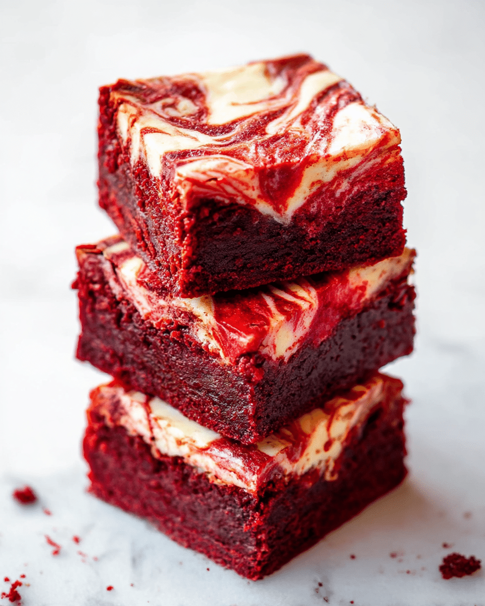 A stack of three square pieces of red velvet brownies with a creamy, white swirl pattern on top of each piece. The brownies are thick and moist-looking with a deep red color and dark, rich edges. Each layer shows a smooth cream cheese swirl integrated in the middle and on top, creating a marbled effect with white and red colors mixing in wavy patterns. The stack is placed on a white marbled surface with a few crumbs scattered around. Photo taken with an iphone --ar 4:5 --v 7