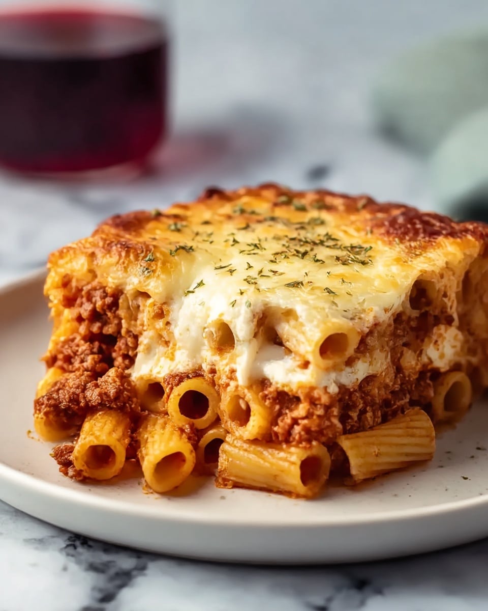 A close-up of a slice of baked ziti served on a white plate, showing three main layers; the bottom layer has rigatoni pasta in a reddish-brown meat sauce, the middle layer features melted white and slightly browned cheese mixed with the pasta, and the top layer is a golden-brown baked cheese crust sprinkled with herbs. The slice looks thick and rich, with some pasta tubes visible at the front. In the blurred background, there is a glass with a dark red drink. The surface beneath is a white marbled texture. photo taken with an iphone --ar 4:5 --v 7