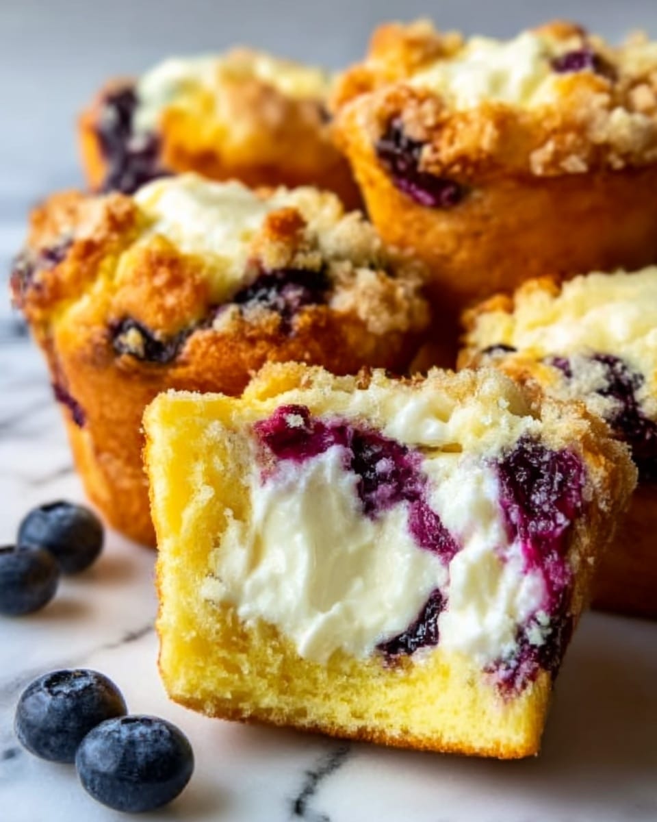 The image shows a close-up of several muffins with a crumbly golden brown top layer. One muffin in the front is split open to reveal three layers inside: a soft, yellow cake base at the bottom, a creamy white cream cheese filling in the middle, and dark purple-blue whole blueberries scattered throughout the cake and cream layers. The muffins sit on a white marbled surface with a few fresh blueberries placed near them. The lighting is bright, highlighting the moist texture and vivid colors of the muffins. photo taken with an iphone --ar 4:5 --v 7