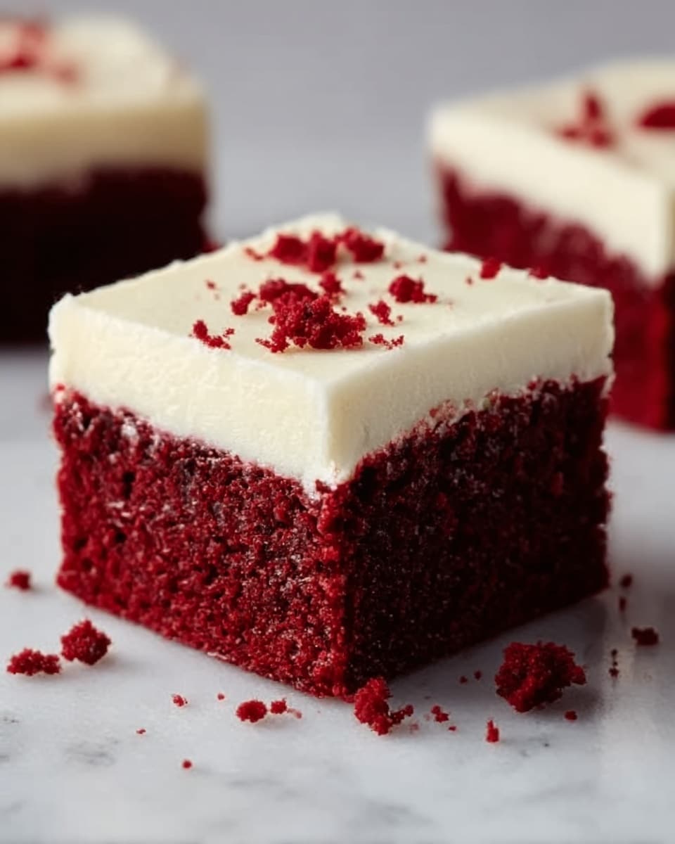 The image shows a close-up of a square piece of red velvet cake with two distinct layers. The bottom layer is a thick, rich, dark red cake with a soft and moist texture, while the top layer is a smooth, creamy white frosting that is evenly spread and slightly thick. Small crumbs of red cake are scattered on the frosting and around the piece on a white marbled surface. The lighting highlights the cake’s moist texture and the contrast between the deep red and bright white layers. photo taken with an iphone --ar 4:5 --v 7