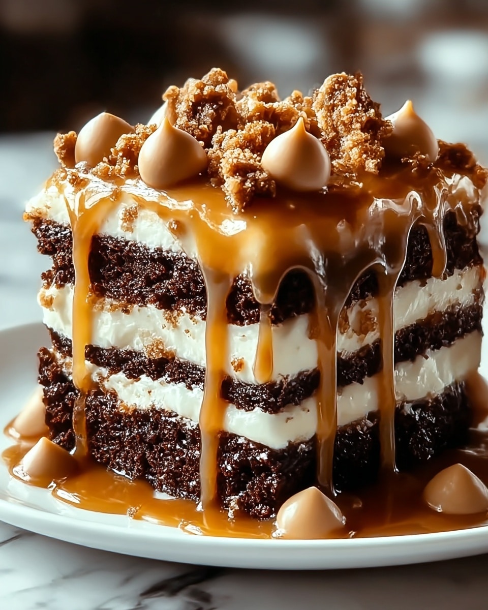 A close-up view of a rich dessert with two thick dark chocolate cake layers separated by creamy white filling. On top, there is a glossy light caramel sauce dripping down the sides, covering the layer of white cream and dark cake. The dessert is topped with small crunchy brown crumbs and round light brown dollops, adding texture and contrast. The dessert sits on a white plate with caramel sauce pooling at the base, all placed on a white marbled surface. Photo taken with an iphone --ar 4:5 --v 7