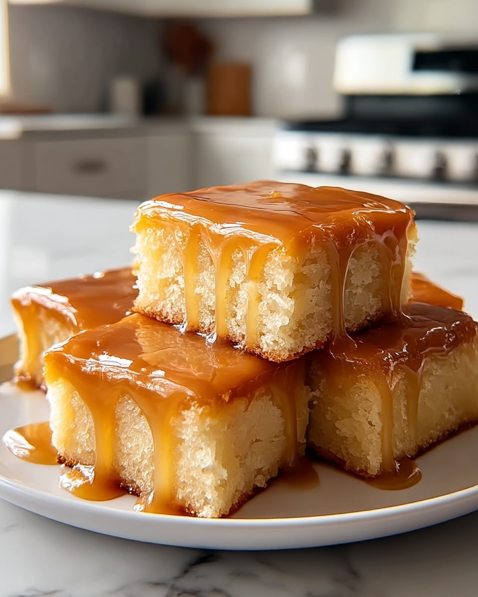 The image shows a close-up of four square pieces of soft cake with a thick layer of shiny, caramel-colored glaze smoothly dripping down the sides. Each piece has a light golden brown base with a fluffy texture, topped with a glossy caramel glaze that looks creamy and rich. The cake sits on a simple white plate, which contrasts with the warm tones of the dessert. The background is softly blurred with hints of a kitchen setting featuring white cabinetry and a stovetop, all set against a white marbled surface. photo taken with an iphone --ar 4:5 --v 7