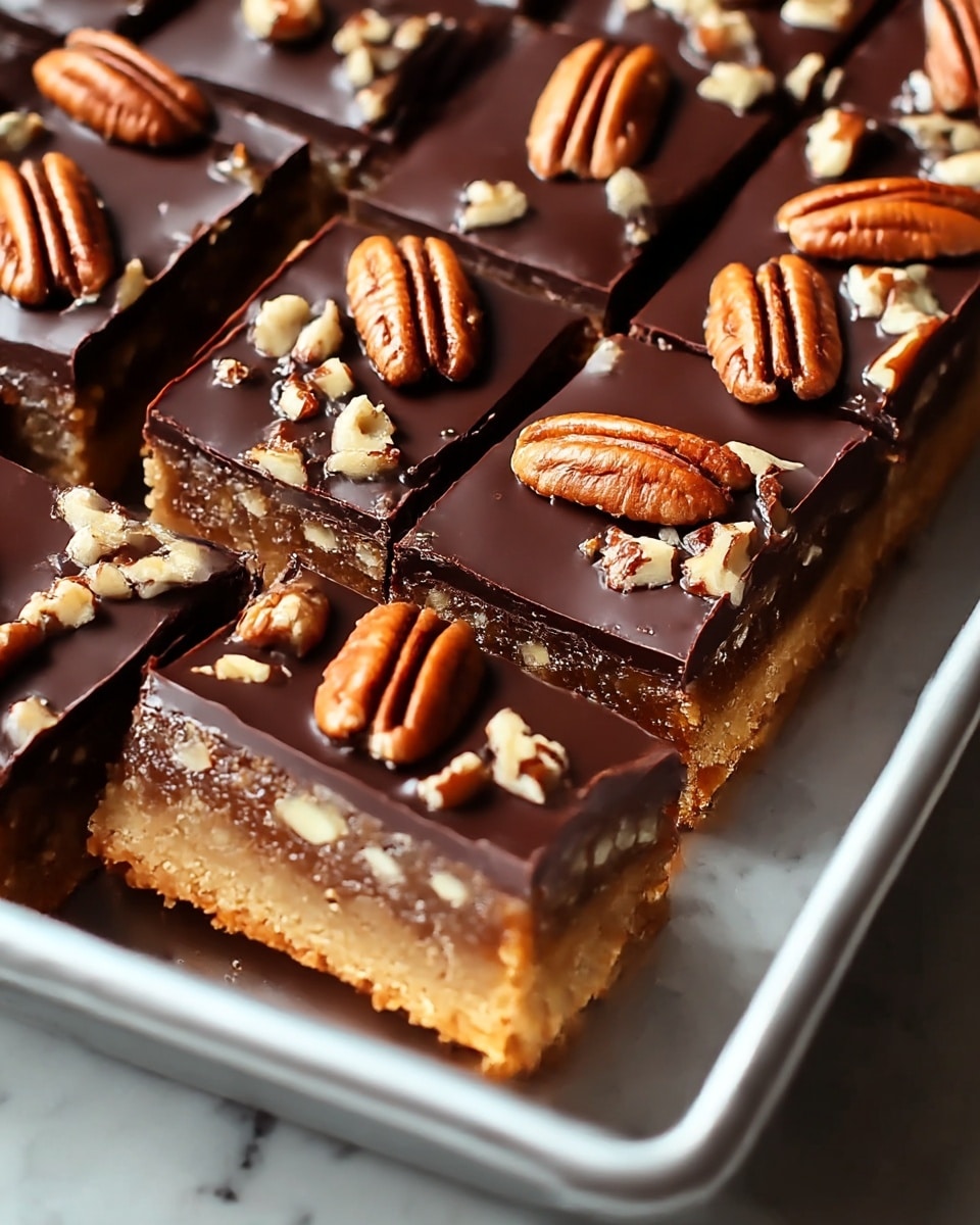 A close-up view of a dessert bar cut into rectangular pieces, each bar showing three main layers: the bottom layer is a light brown, crumbly crust, the middle layer is a rich, darker brown, dense filling with visible nut pieces embedded, and the top layer is a smooth, shiny dark chocolate glaze decorated with whole pecans and chopped nuts scattered across the surface, all held in a metal tray resting on a white marbled texture. photo taken with an iphone --ar 4:5 --v 7