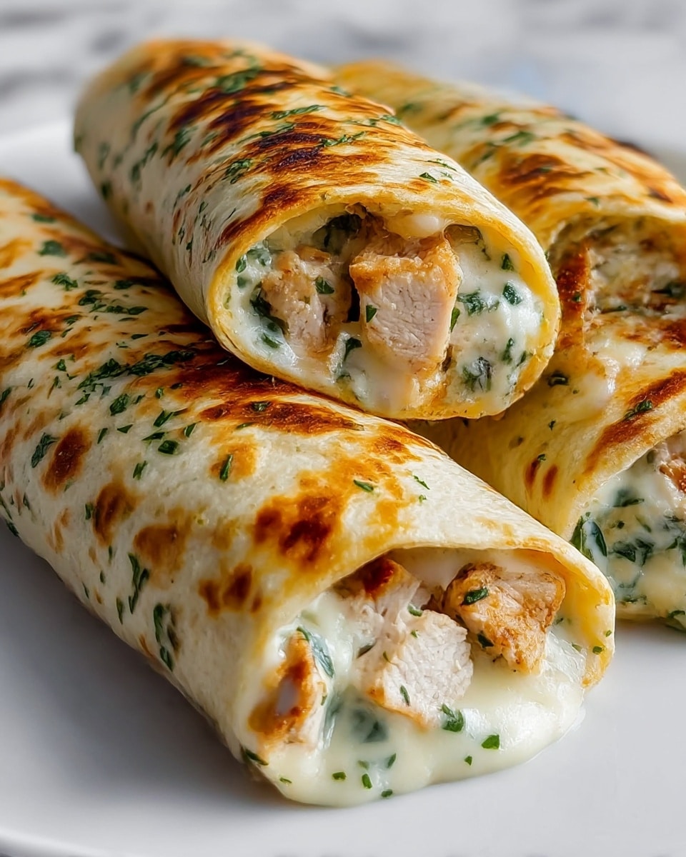 Three grilled chicken wraps are arranged closely on a white plate, each wrap showing a toasted golden-brown tortilla layer with light char marks and sprinkled green herbs on top. Inside, the wraps have a filling of creamy melted white cheese mixed with chunks of lightly browned grilled chicken pieces and finely chopped green herbs, all oozing slightly from the edges. The close-up view highlights the juicy, tender texture of the chicken and the smoothness of the melted cheese against the slightly crisp and warm tortilla. The plate sits on a white marbled surface. photo taken with an iphone --ar 4:5 --v 7