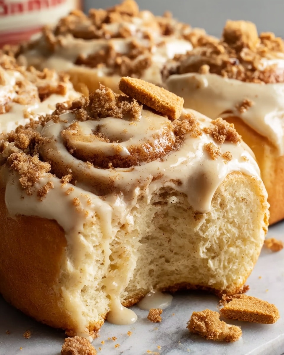 The image shows close-up soft cinnamon rolls with three main layers: the bottom is a thick, golden-brown dough base, the middle is a large swirl of lighter dough with cinnamon specks, and the top has creamy beige icing dripping down the sides along with some crumbled brown topping and small cookie pieces. One cinnamon roll is pulled slightly apart, showing the fluffy inside texture and the gooey icing dripping onto a white marbled surface underneath. Photo taken with an iphone --ar 4:5 --v 7